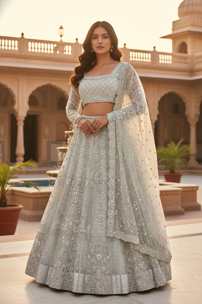Off White Sequins Butterfly Net Lehenga Choli