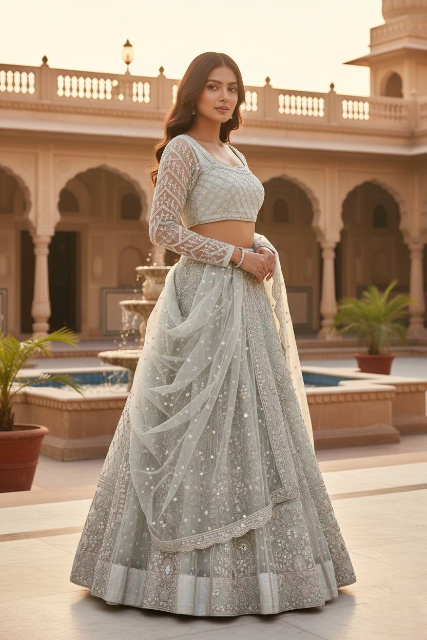 Off White Sequins Butterfly Net Lehenga Choli — alternate view