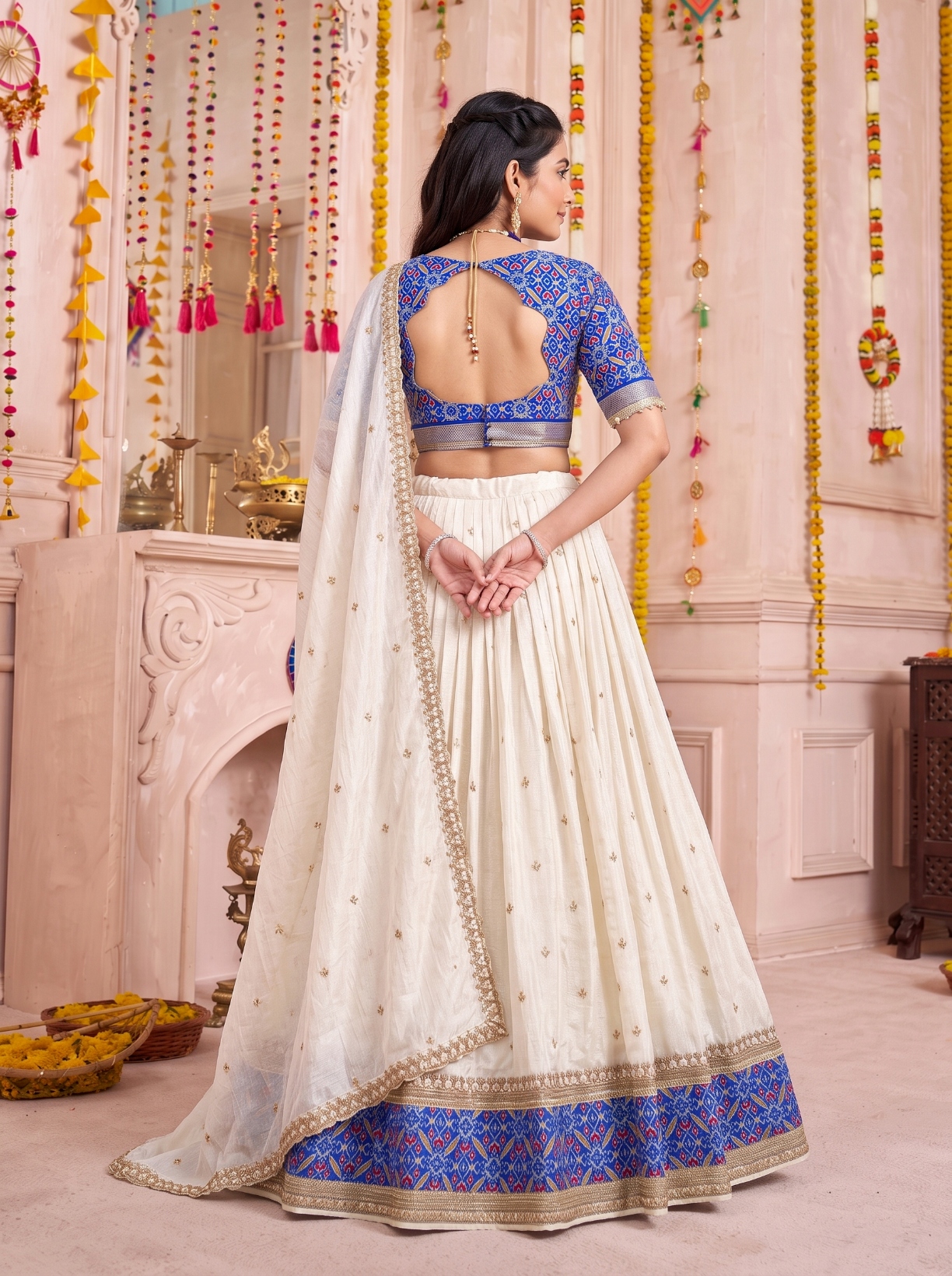 Off White Sequins Embroidery Vichitra Lehenga Choli — alternate view