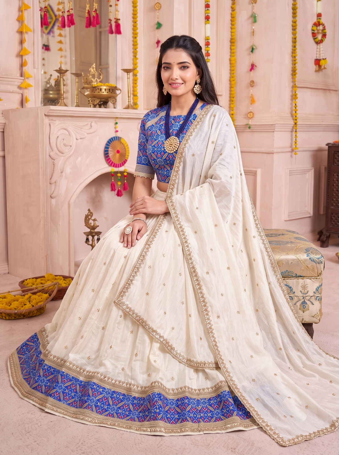 Off White Sequins Embroidery Vichitra Lehenga Choli