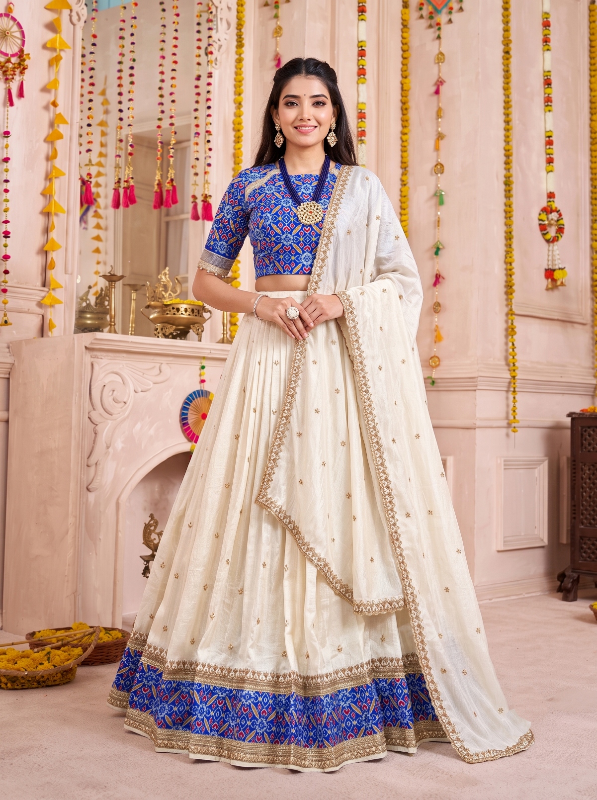 Off White Sequins Embroidery Vichitra Lehenga Choli