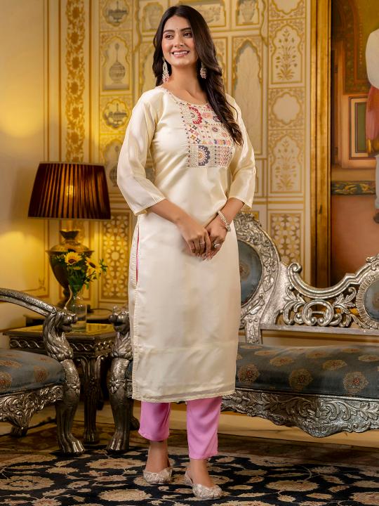 Off White Shimmer Silk Embroidery Kurti