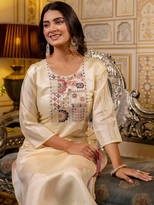 Off White Shimmer Silk Embroidery Kurti — alternate view