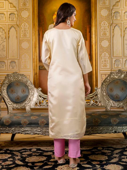 Off White Shimmer Silk Embroidery Kurti