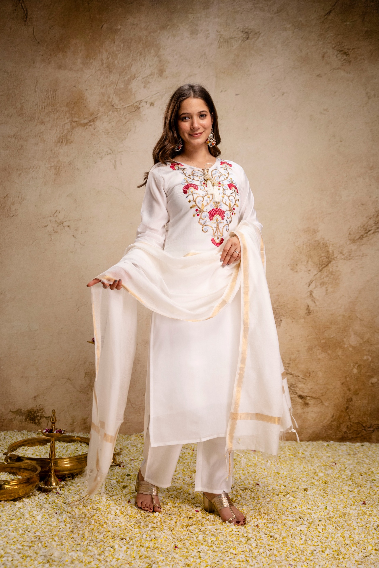 Off White Silk Embroidered Flared Kurta Set