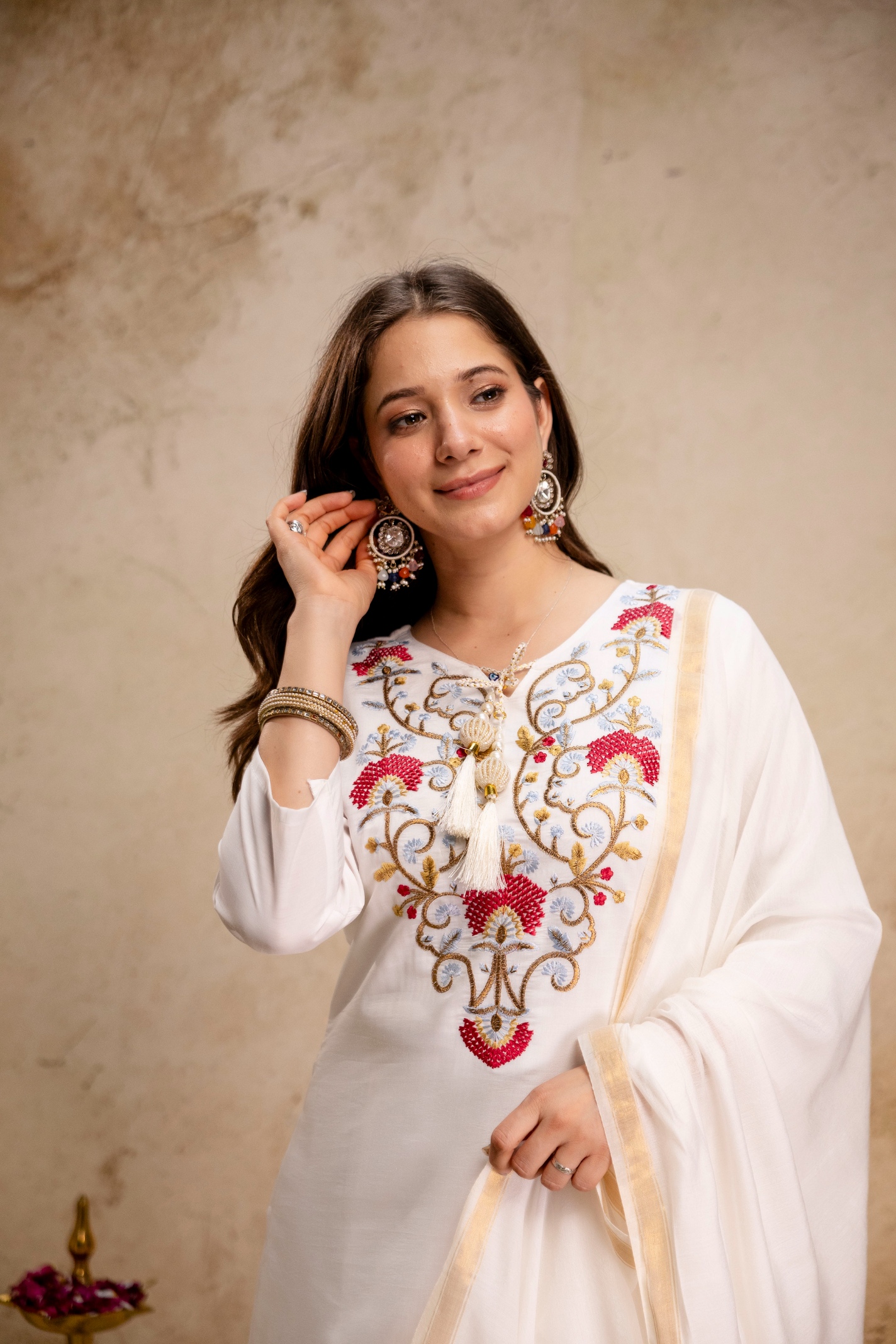 Off White Silk Embroidered Flared Kurta Set