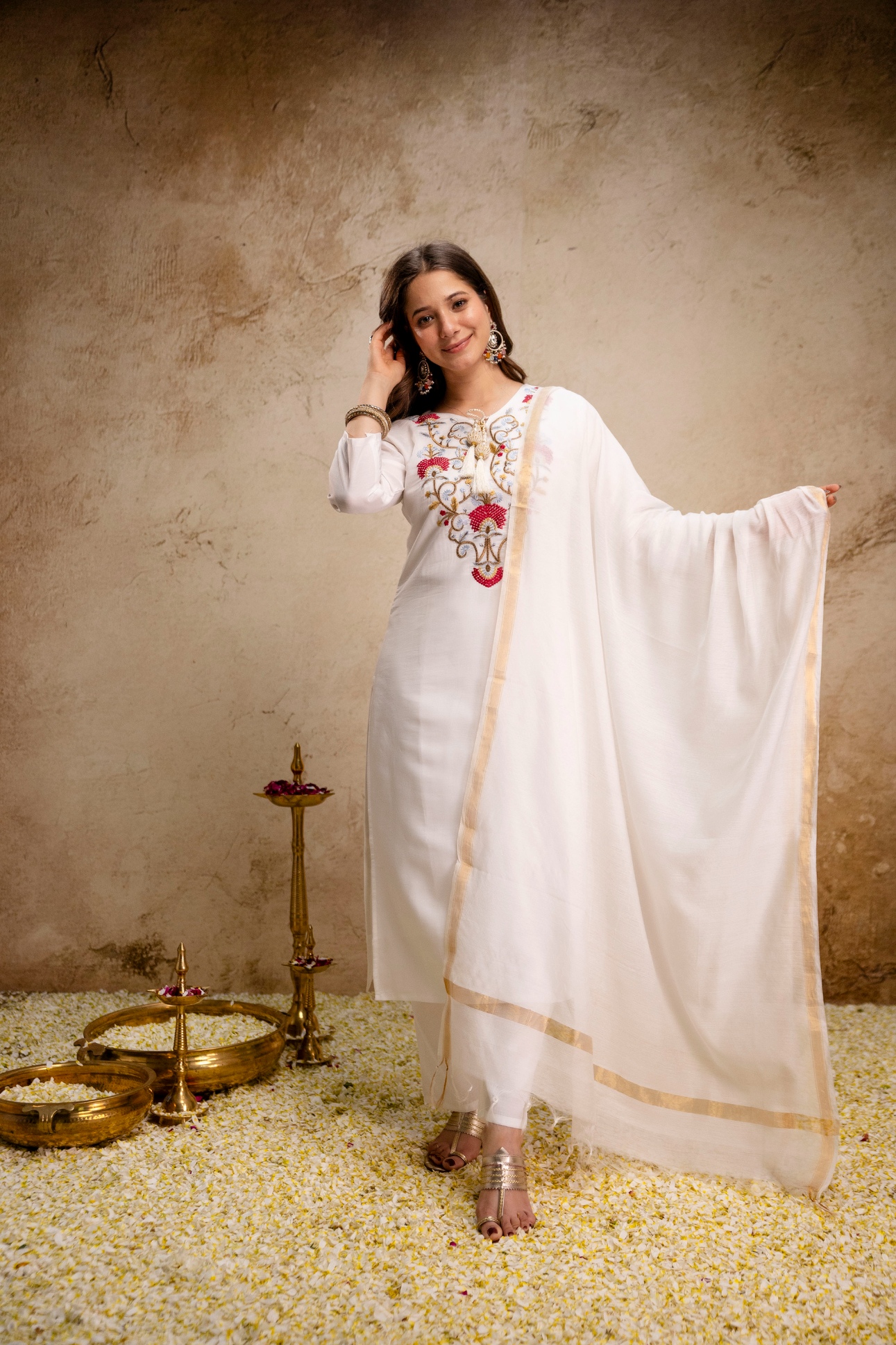 Off White Silk Embroidered Flared Kurta Set