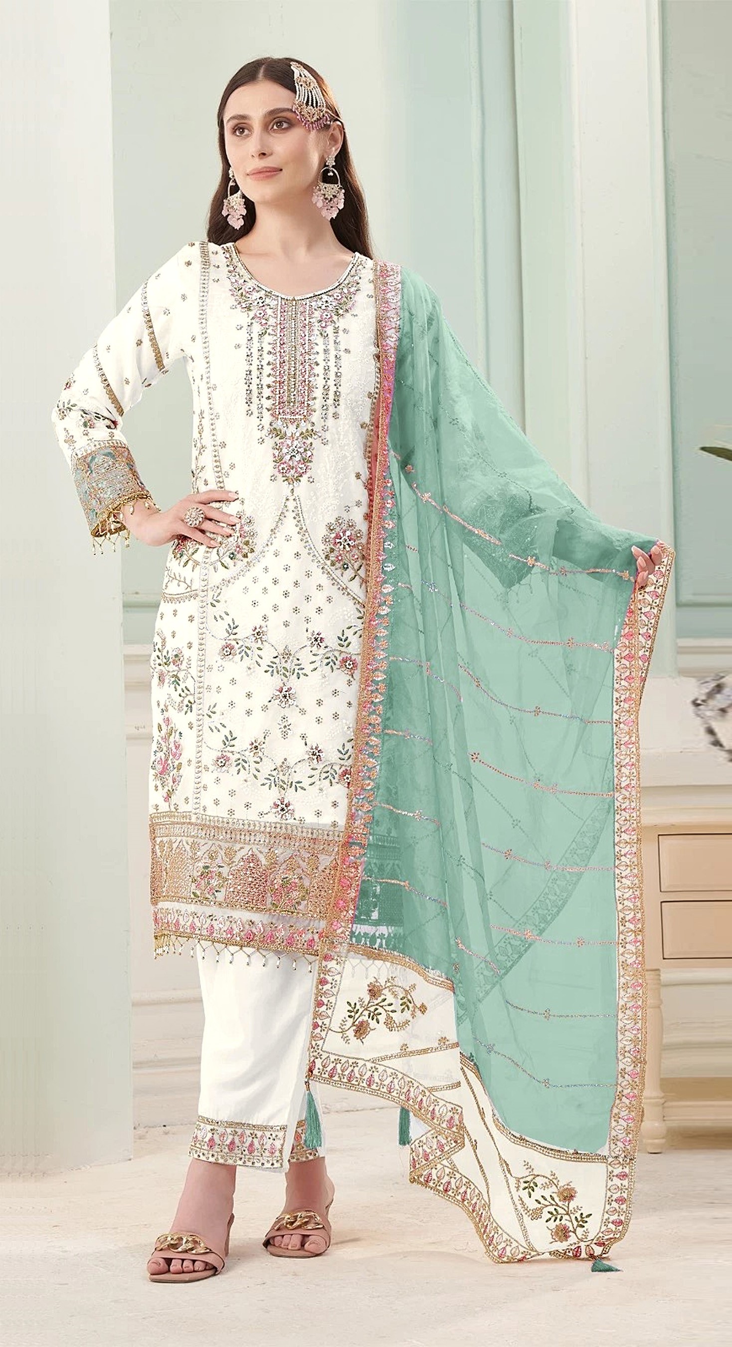 Off White Sky Blue Floral Designer Embroidered Salwar Kameez