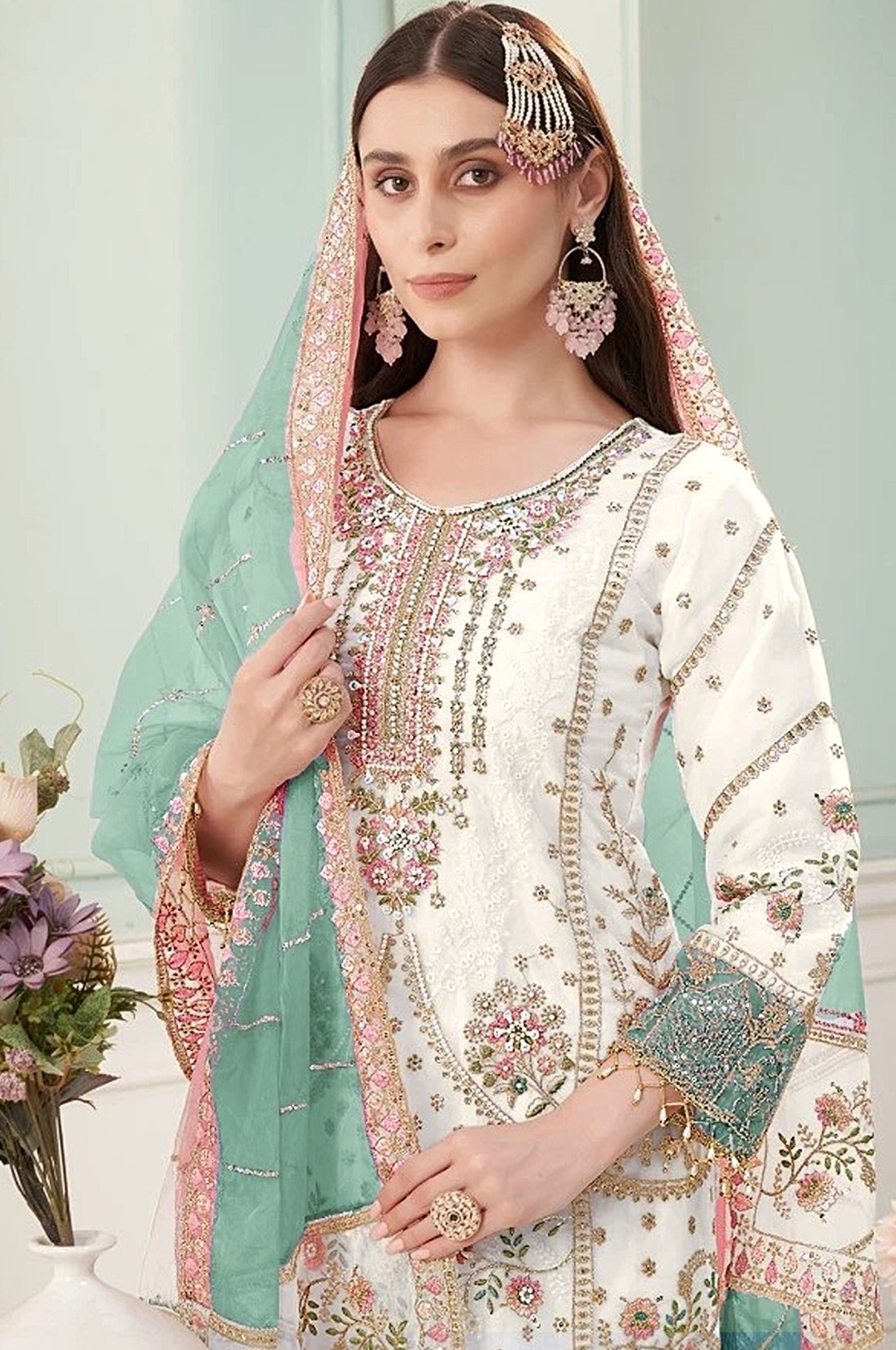 Off White Sky Blue Floral Designer Embroidered Salwar Kameez — alternate view