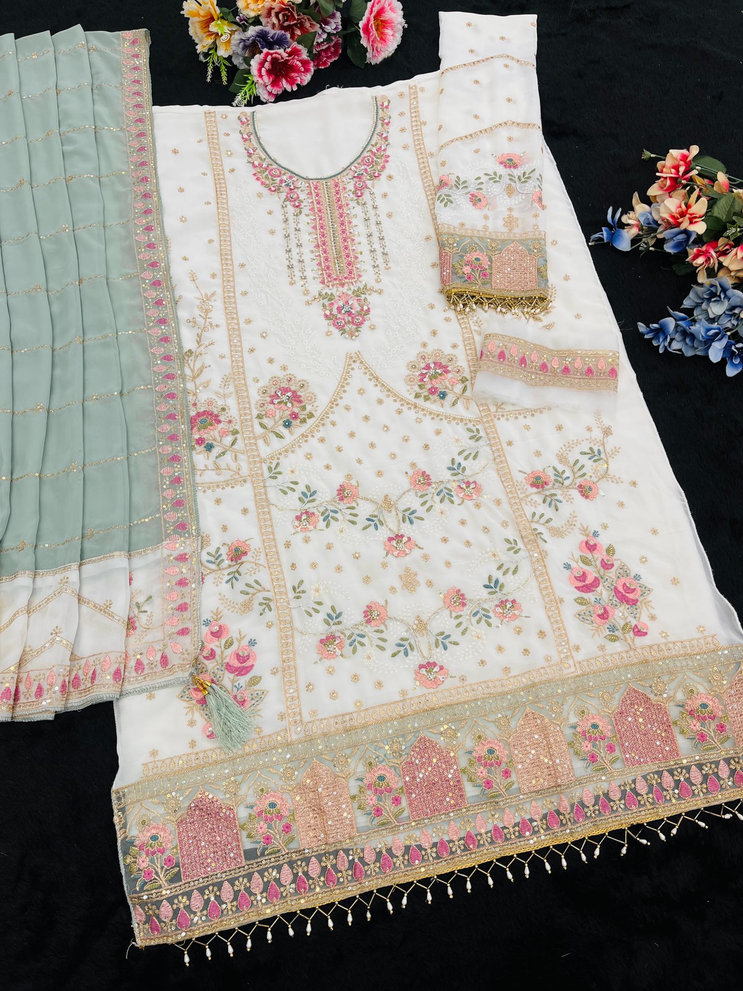 Off White Sky Blue Floral Designer Embroidered Salwar Kameez