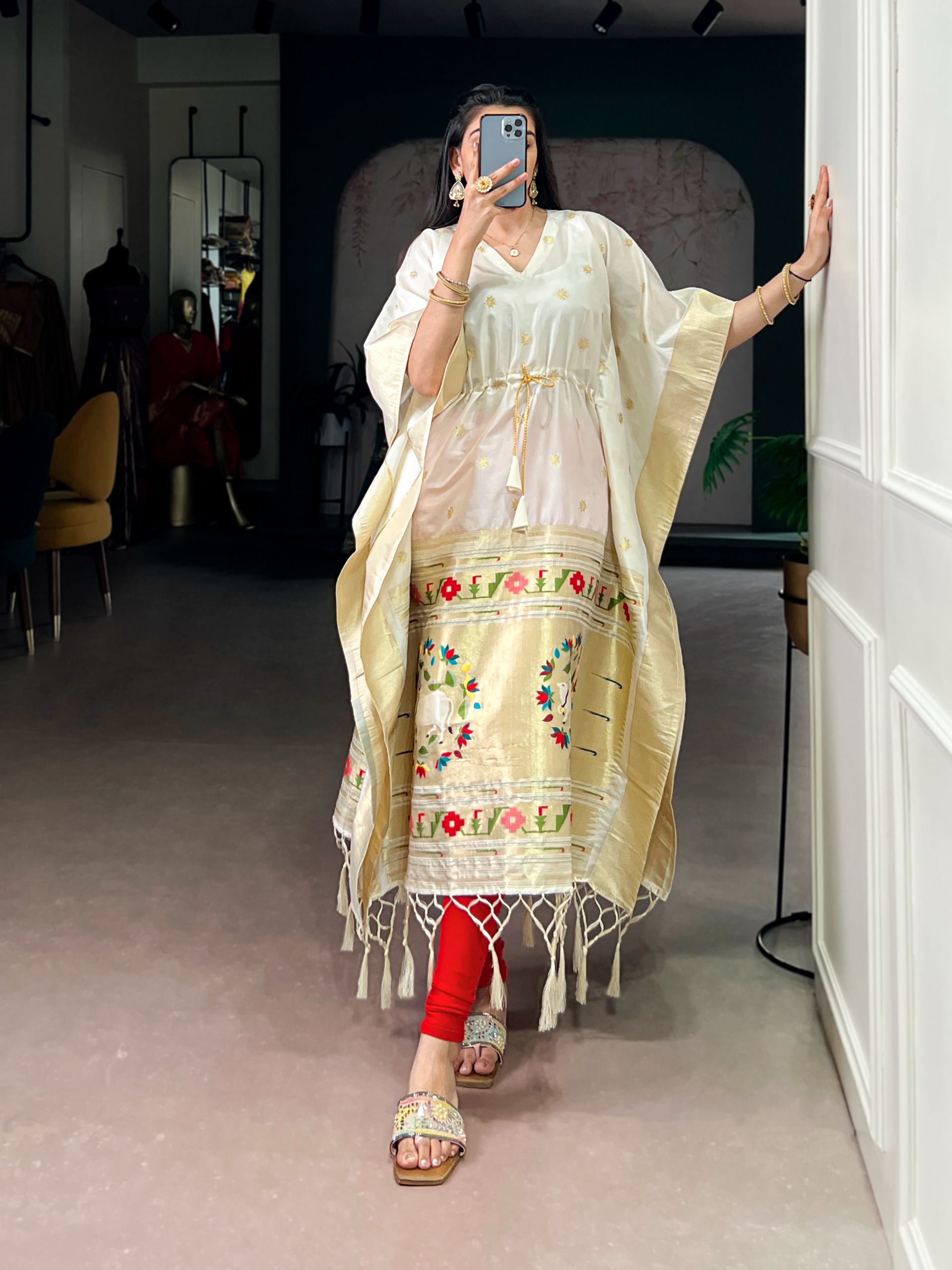 Off White Temple Border Woven Soft Silk Kaftaan