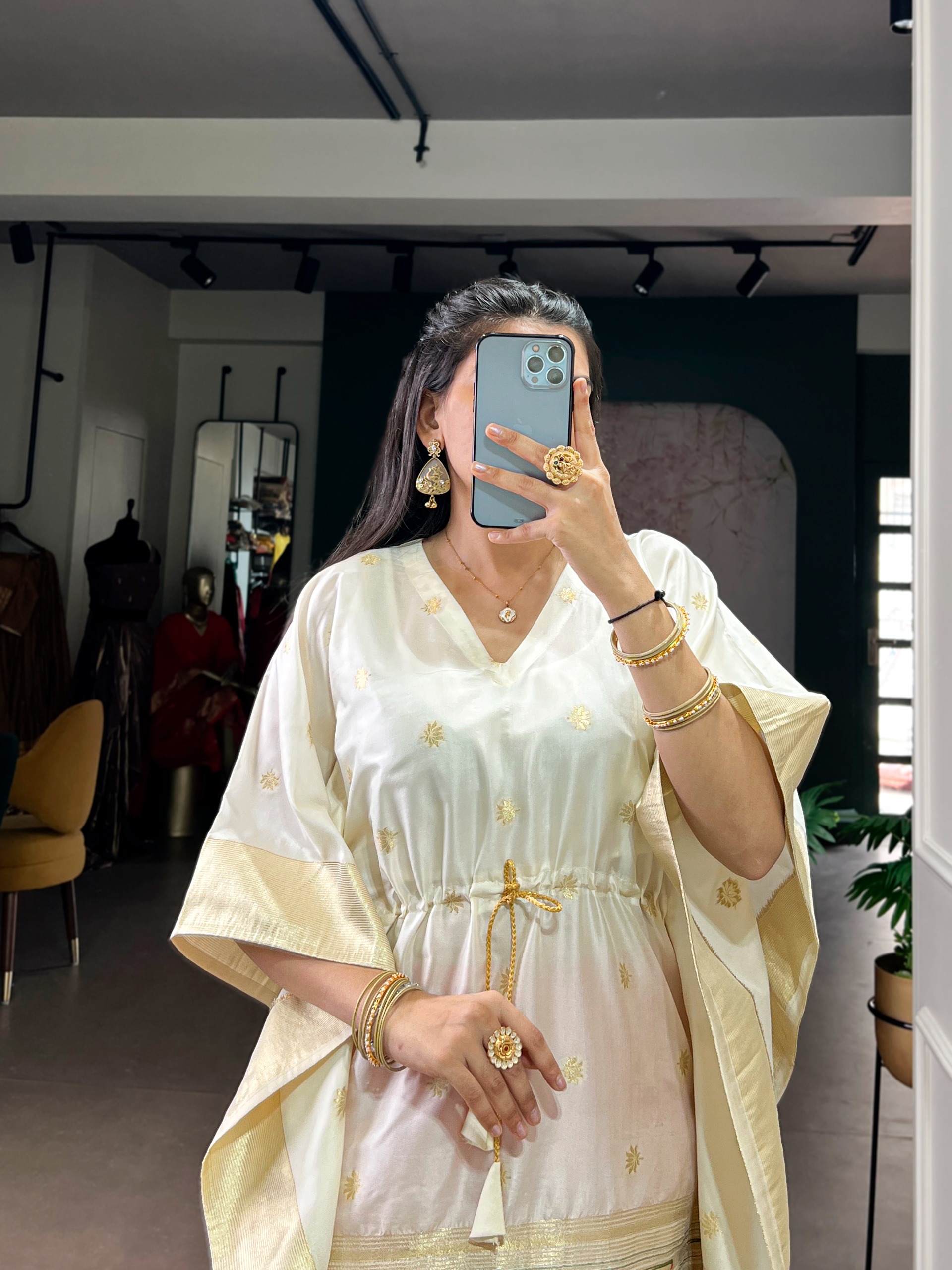 Off White Temple Border Woven Soft Silk Kaftaan — alternate view