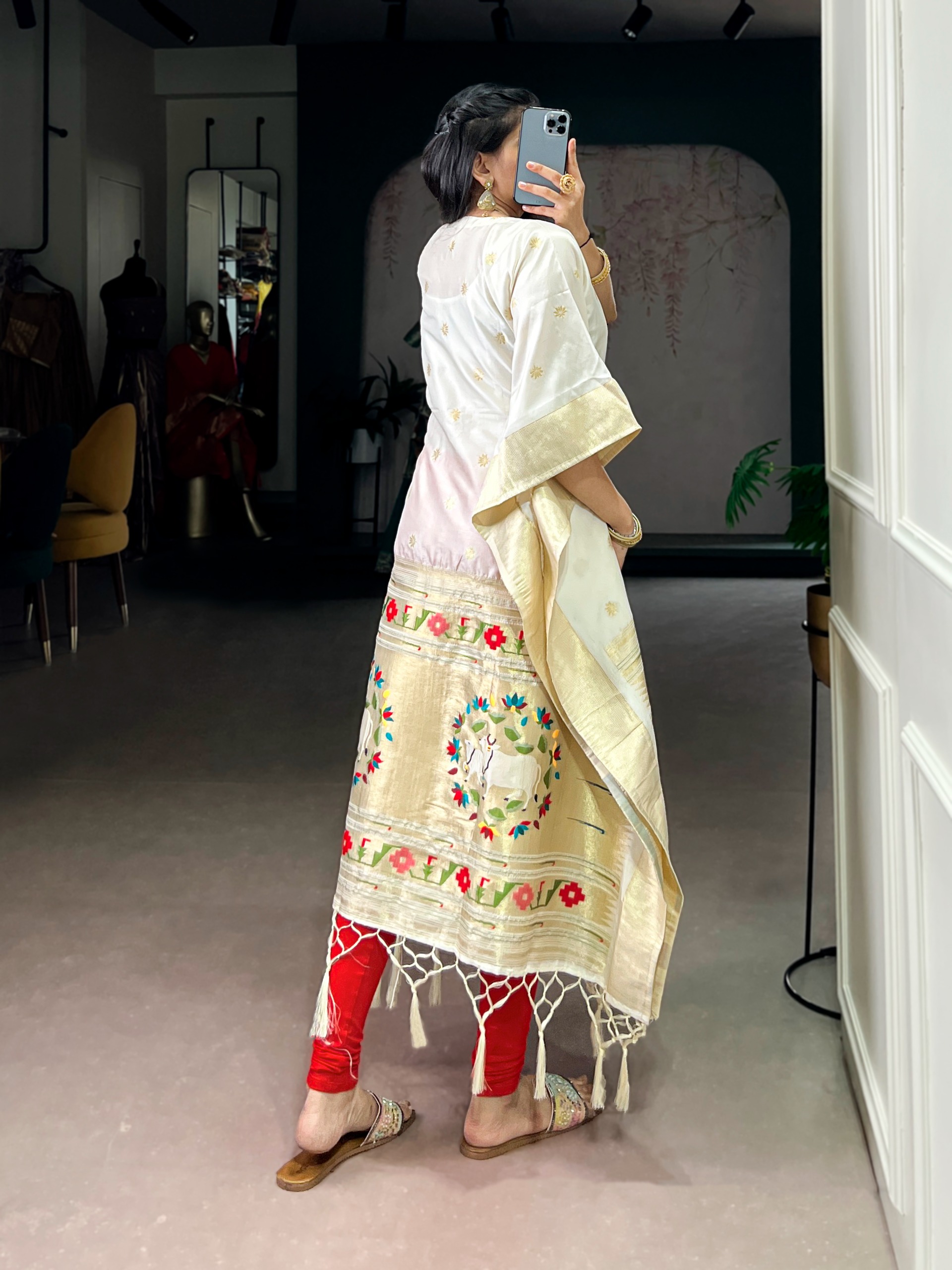 Off White Temple Border Woven Soft Silk Kaftaan