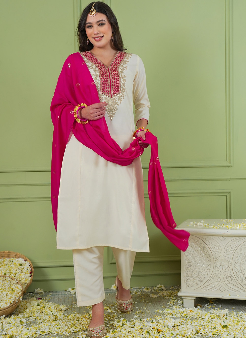 Off White Threadwork Panel Embroidery Silk Salwar Suit