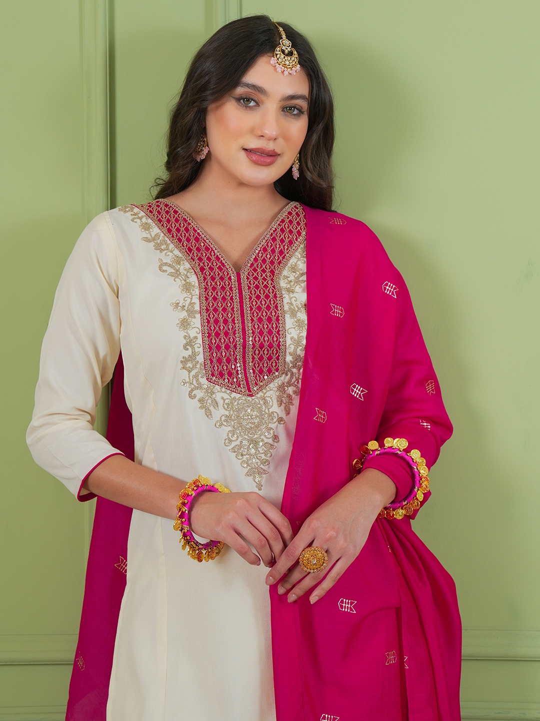 Off White Threadwork Panel Embroidery Silk Salwar Suit