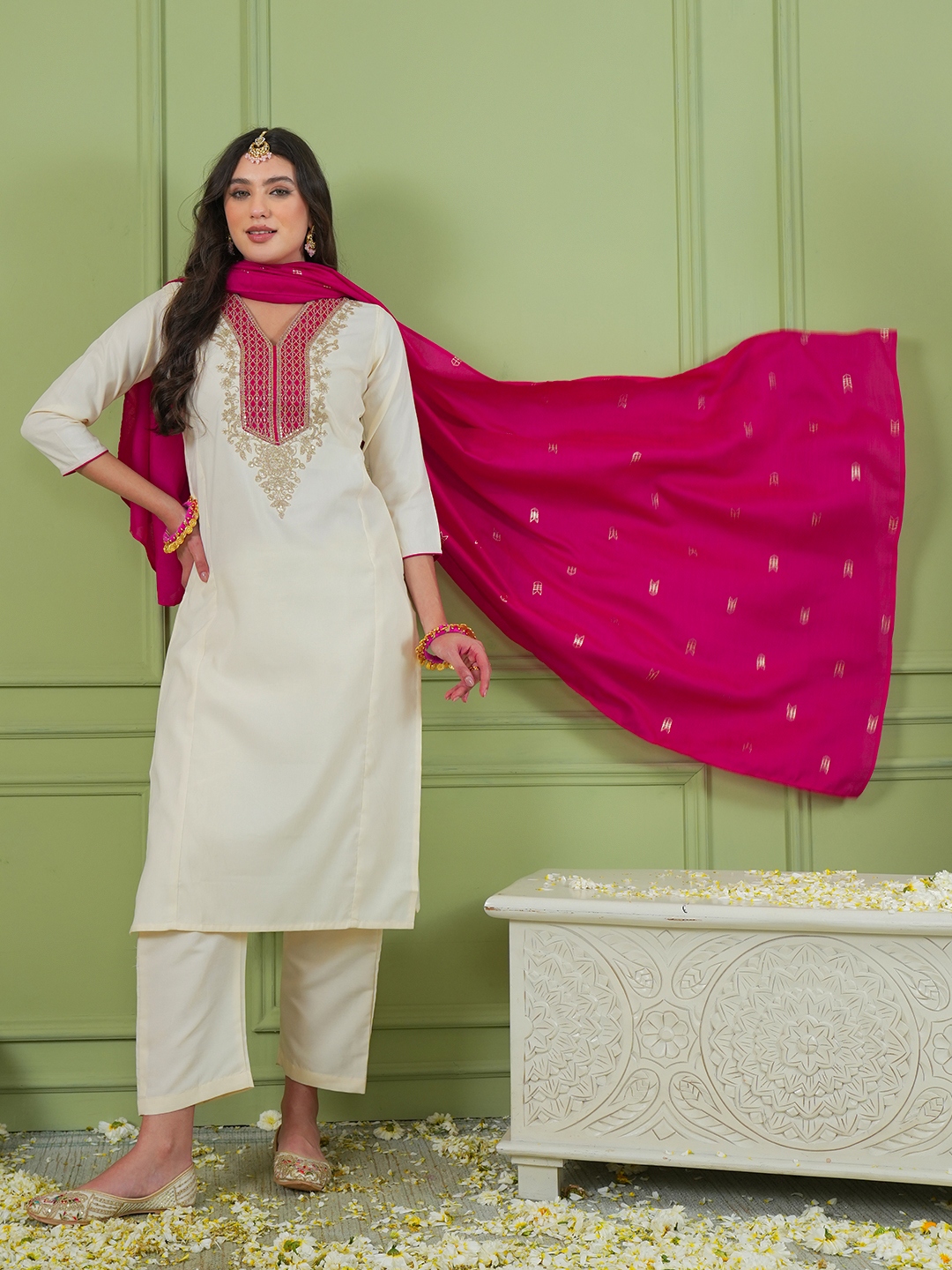Off White Threadwork Panel Embroidery Silk Salwar Suit