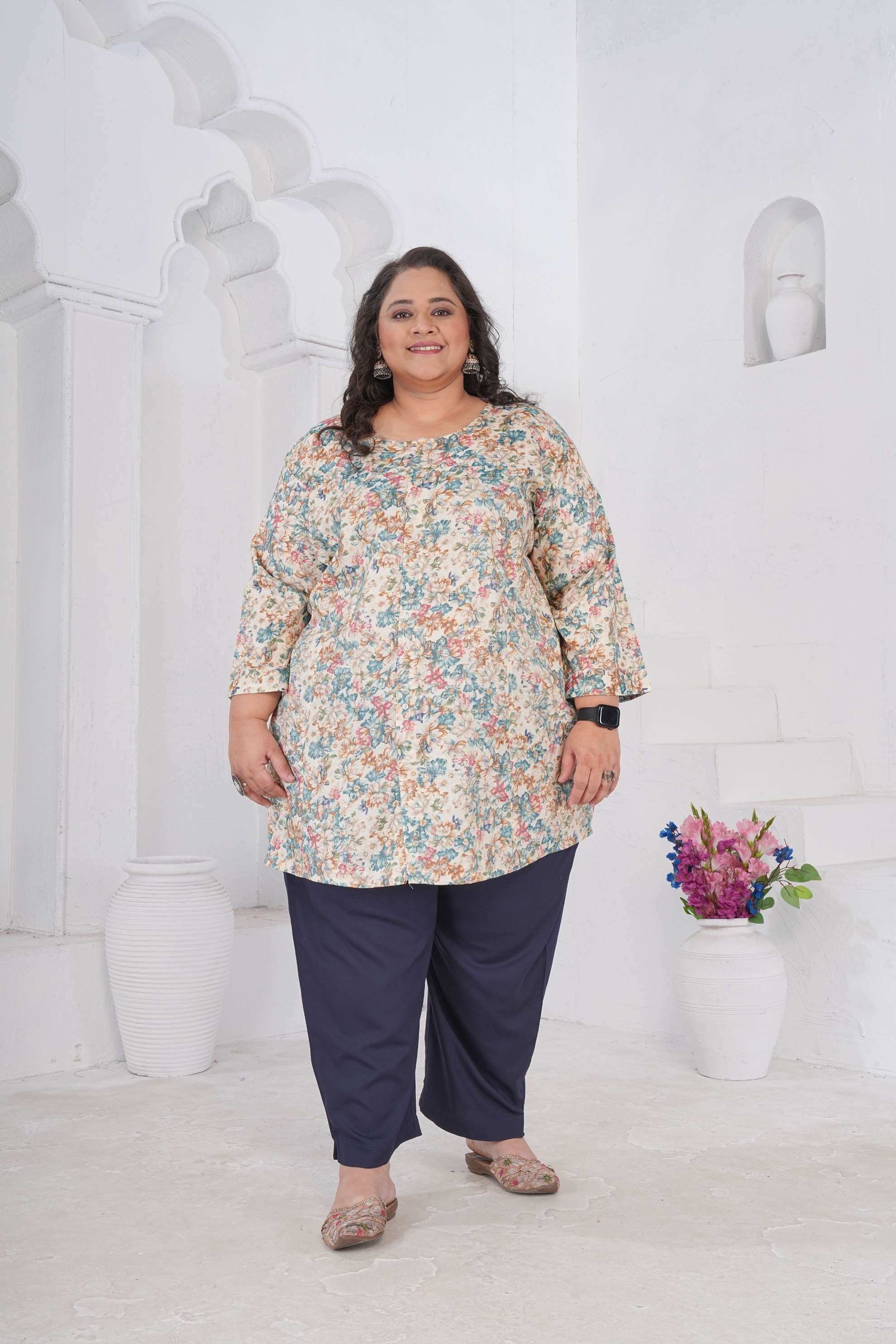 Off White Vintage Floral Rayon Slub Kurti