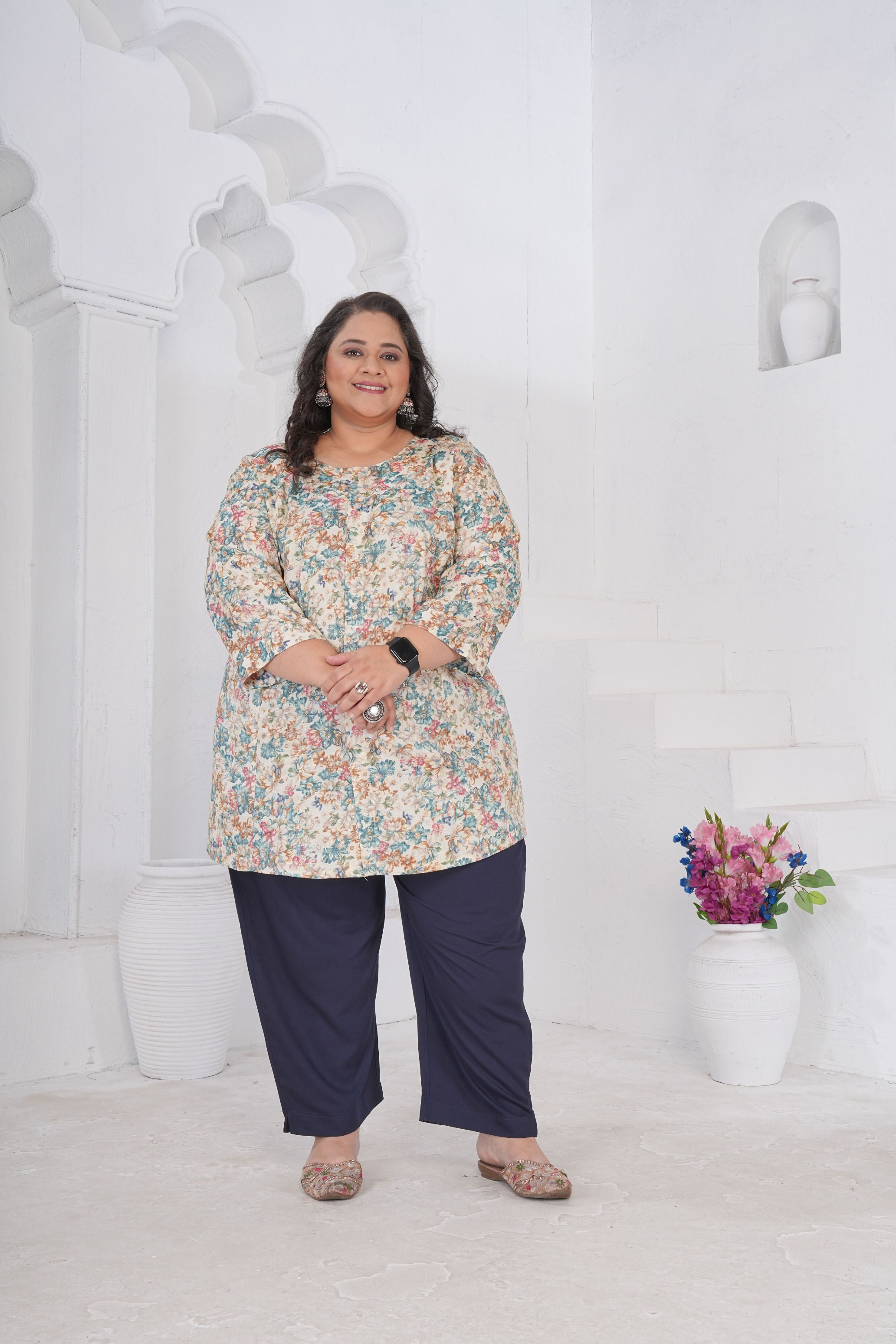 Off White Vintage Floral Rayon Slub Kurti