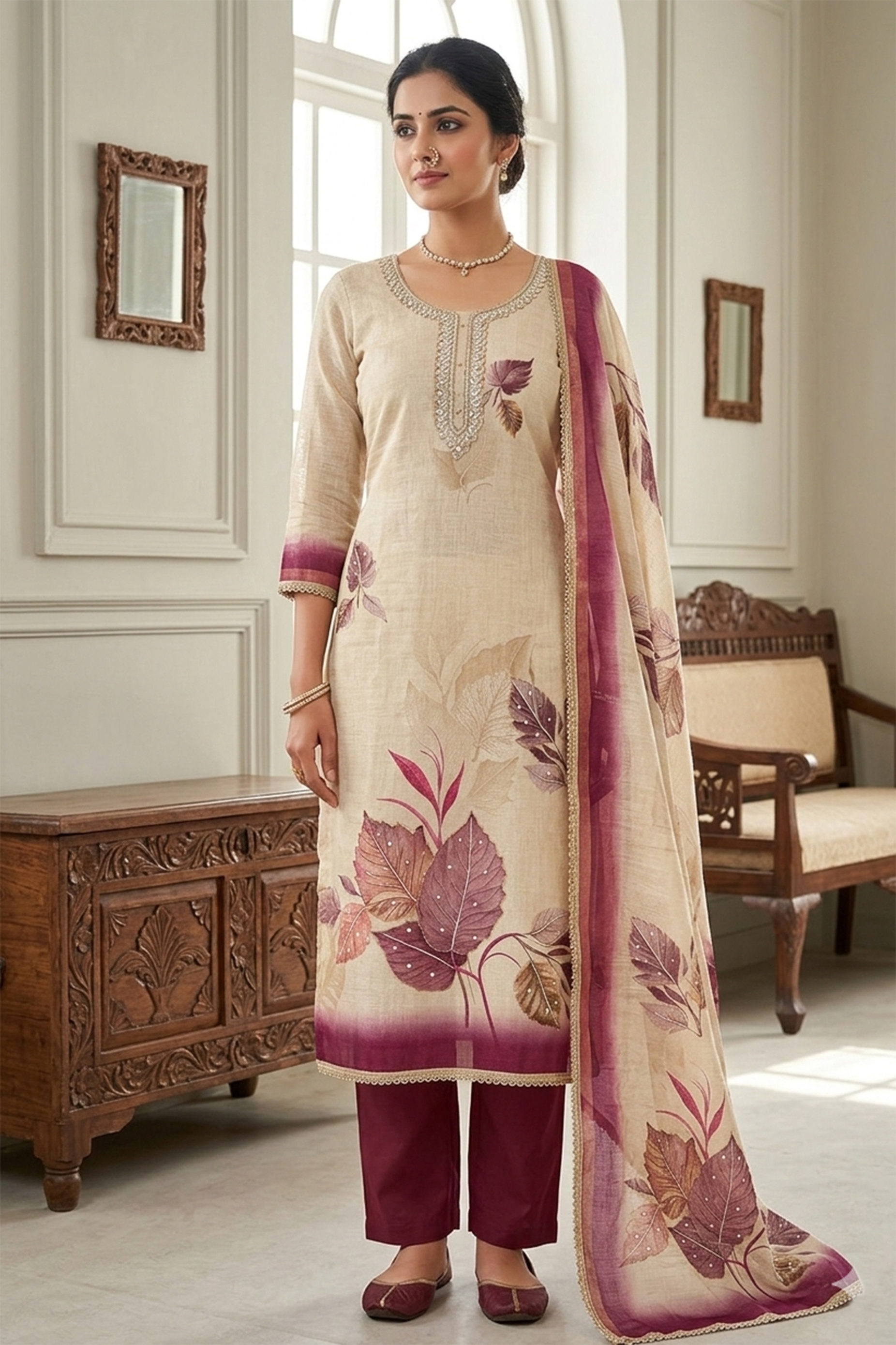 Off White Wine Straight Floral Simmer Cotton Salwar Suit