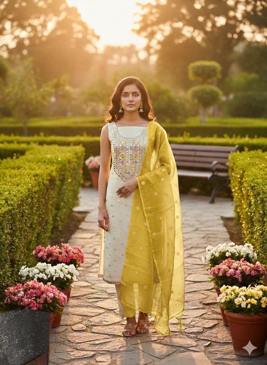 Off White Yellow Embroidered Salwar Suit