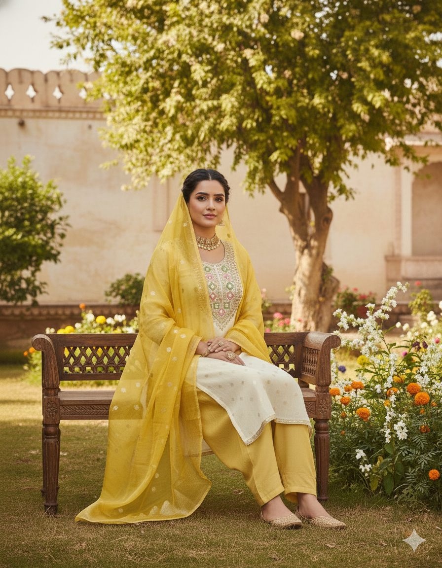 Off White Yellow Embroidered Salwar Suit — alternate view