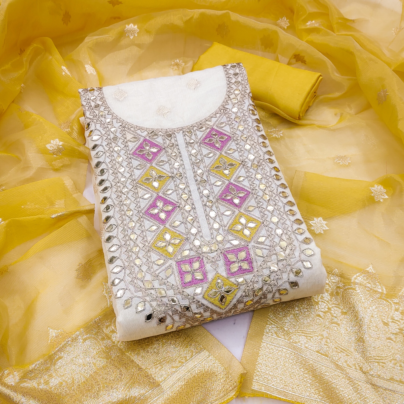 Off White Yellow Embroidered Salwar Suit