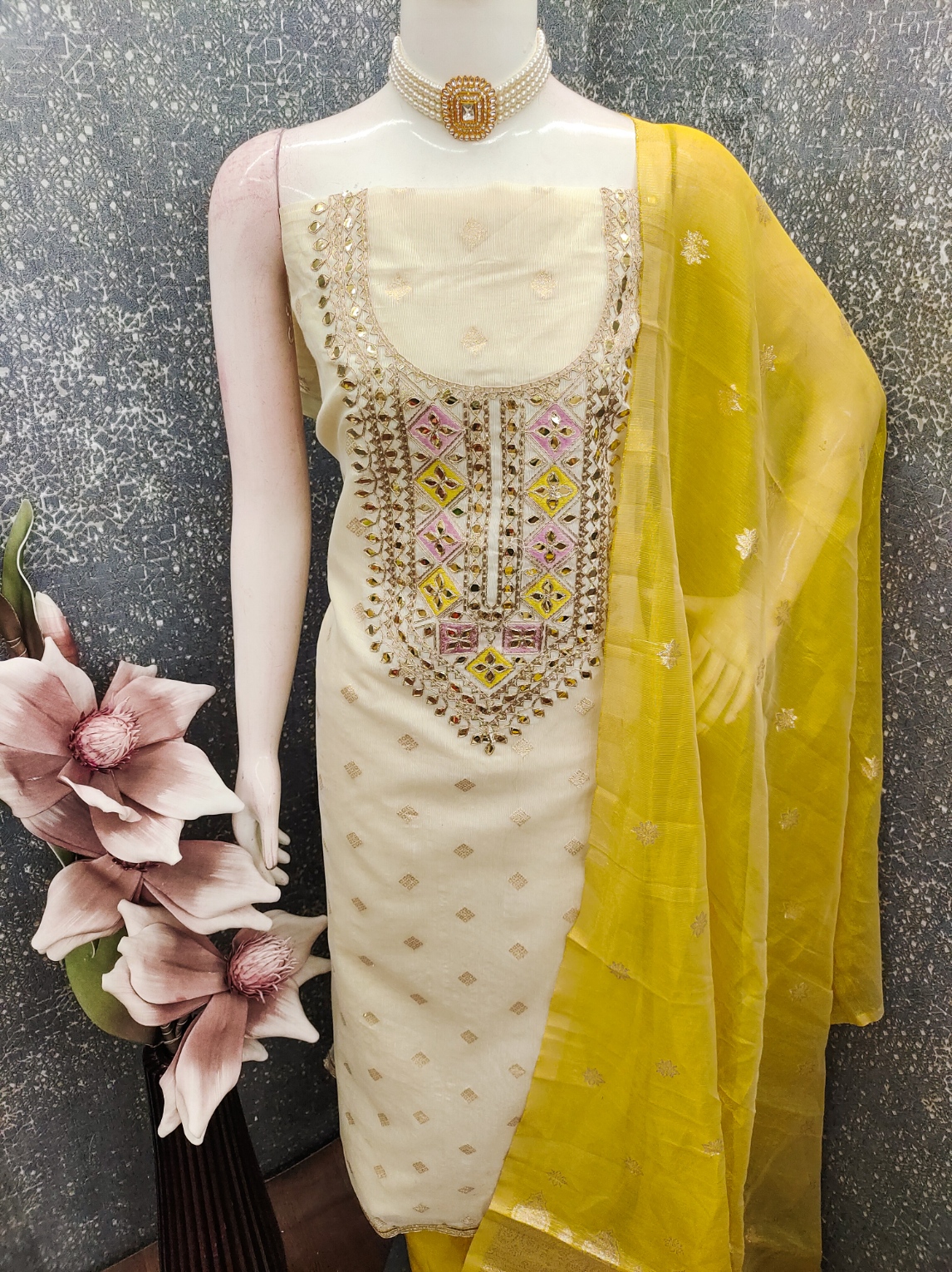 Off White Yellow Embroidered Salwar Suit