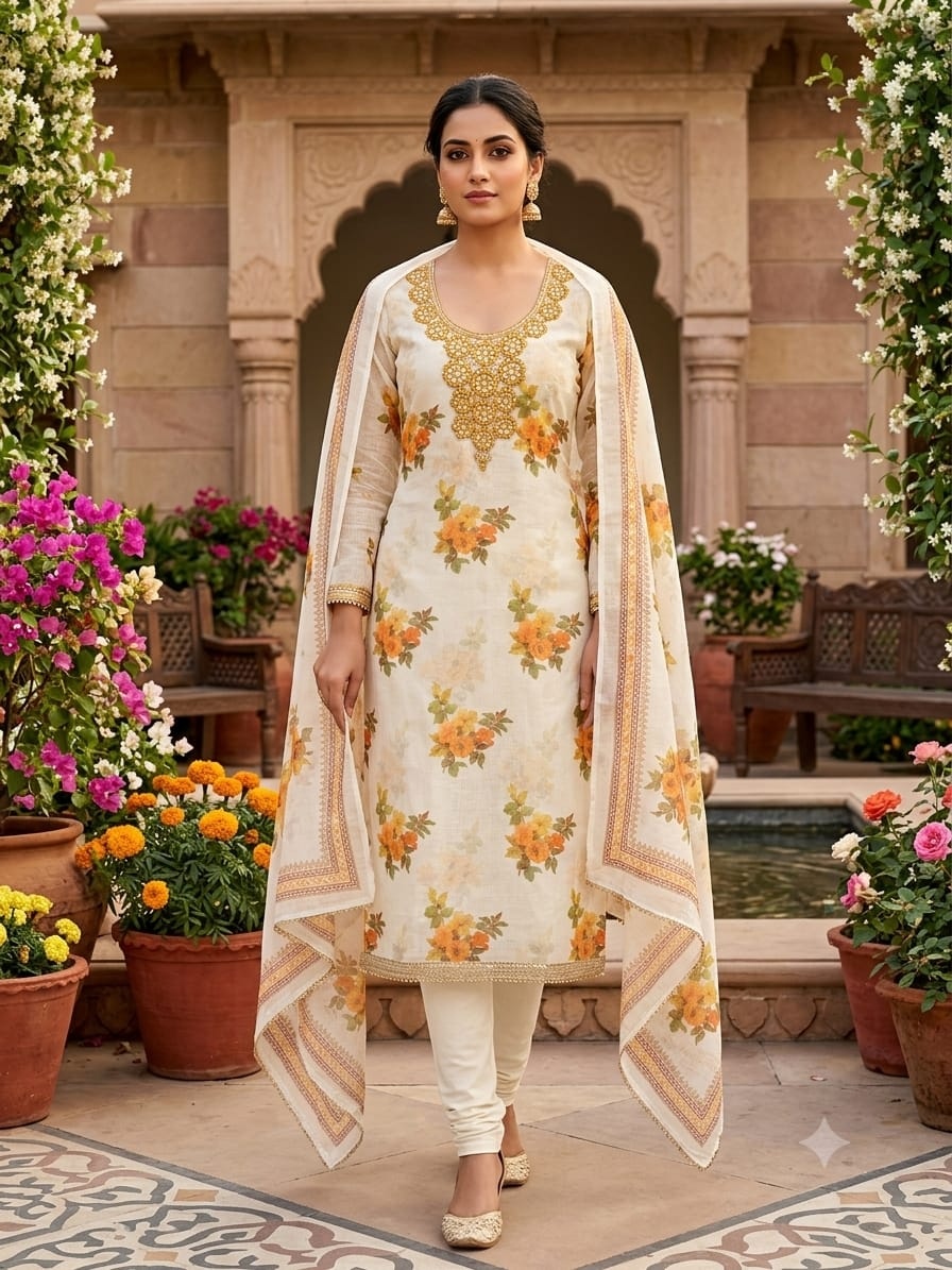 Off White Yellow Floral Printed Shimmer Straight Suit