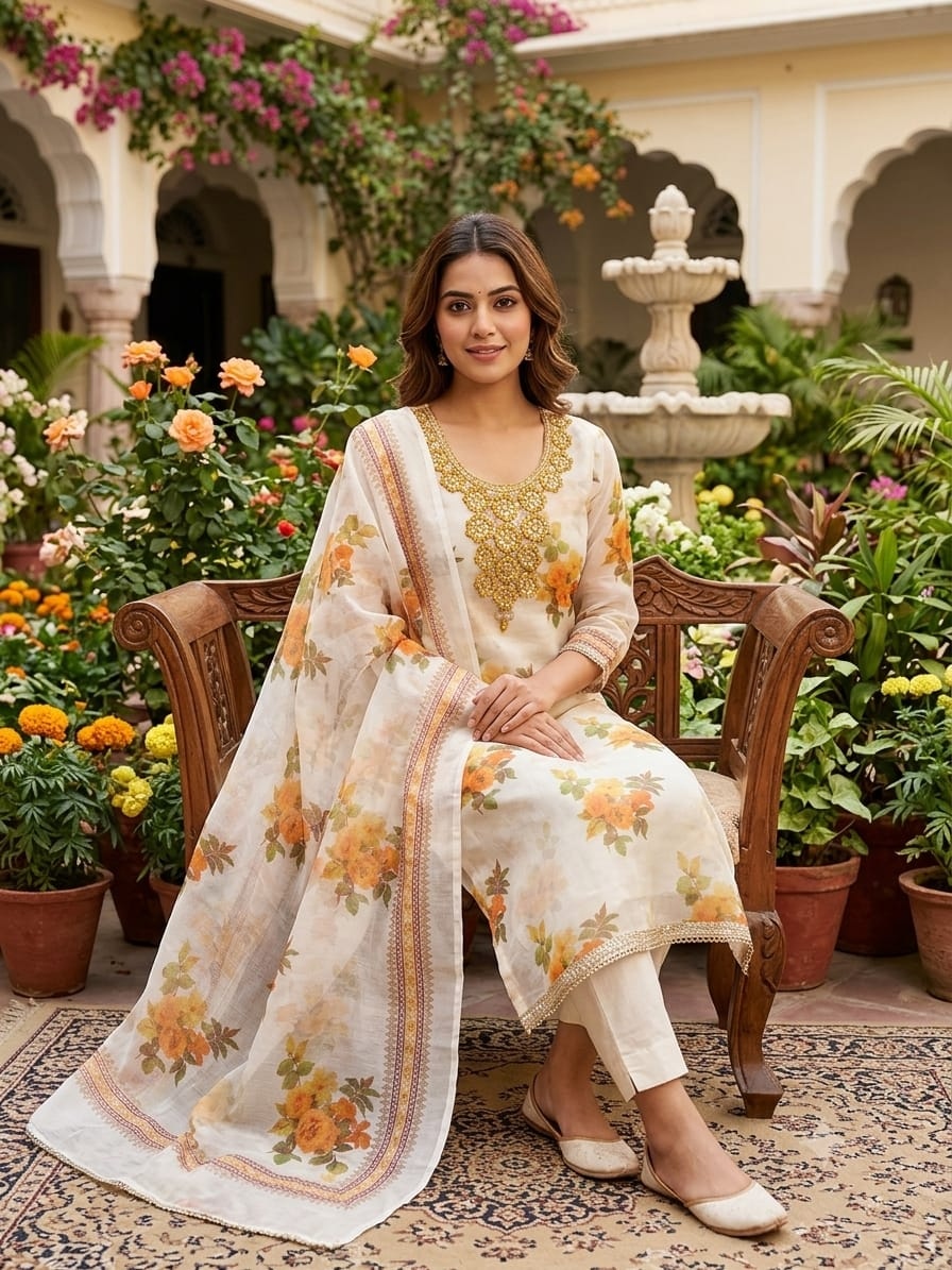 Off White Yellow Floral Printed Shimmer Straight Suit — alternate view