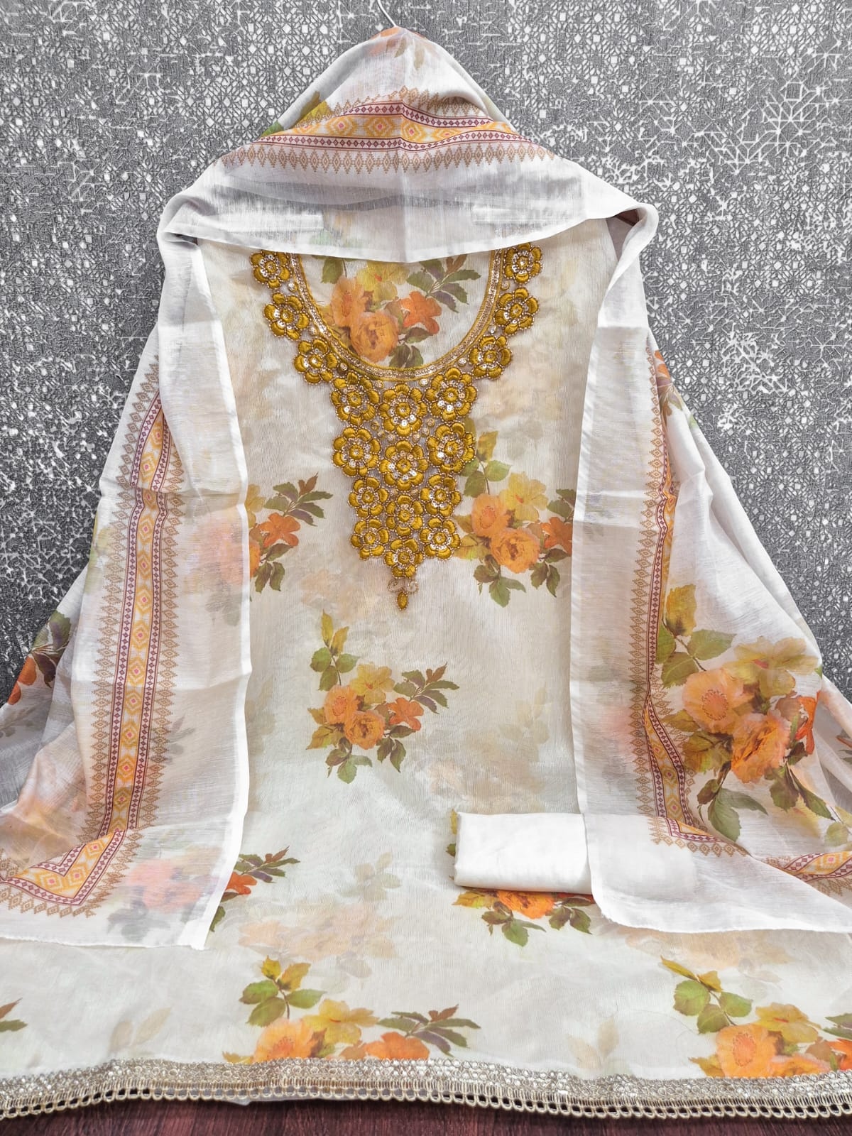 Off White Yellow Floral Printed Shimmer Straight Suit