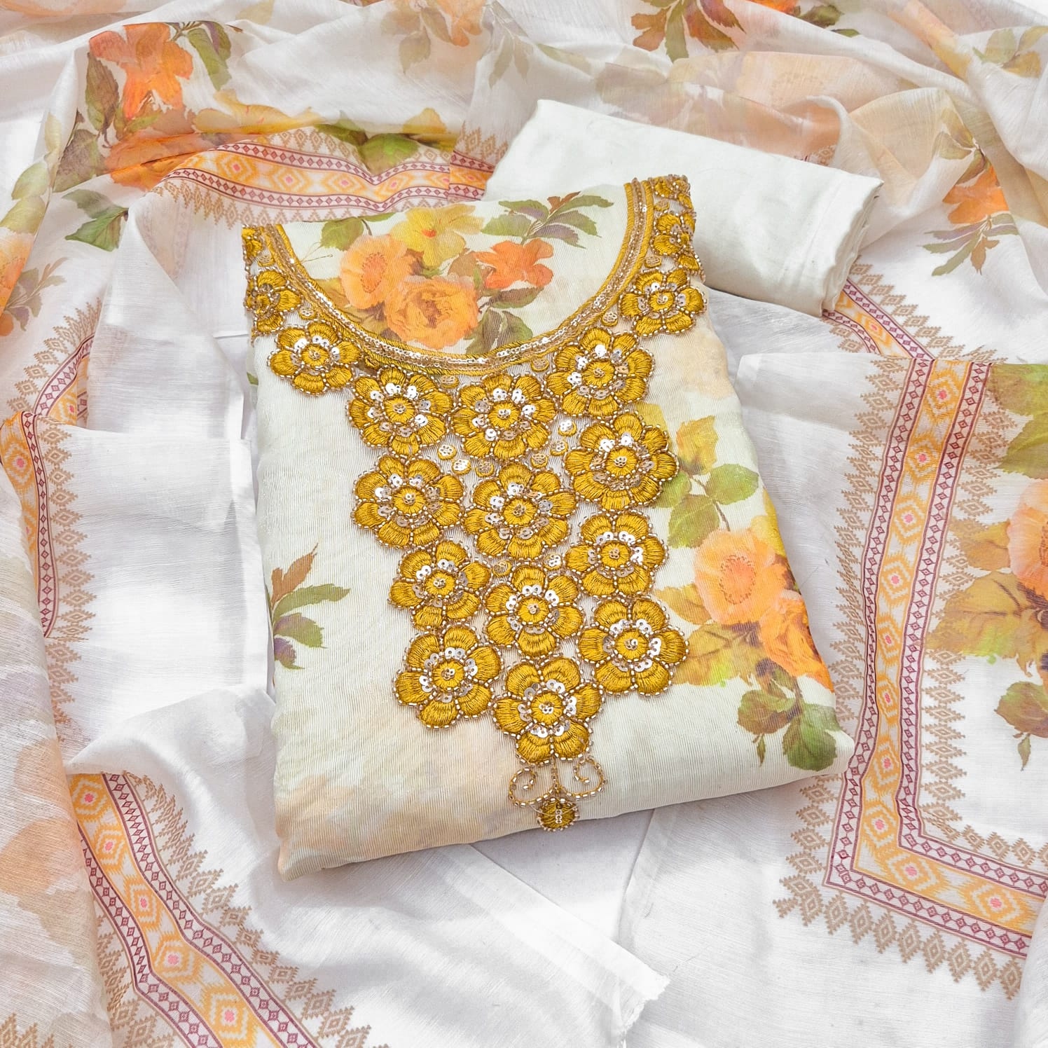 Off White Yellow Floral Printed Shimmer Straight Suit