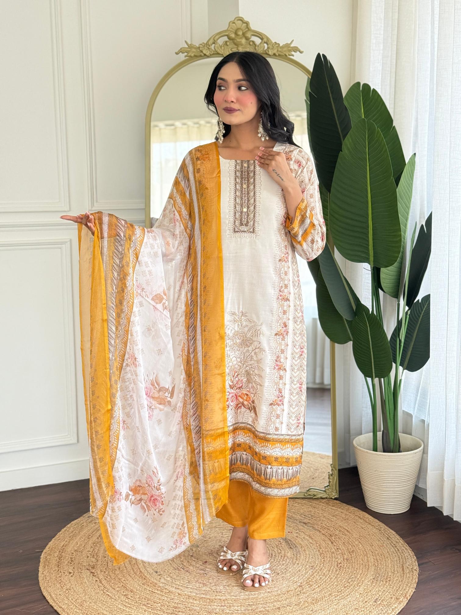 Off White Yellow Viscose Modal Salwar Suit