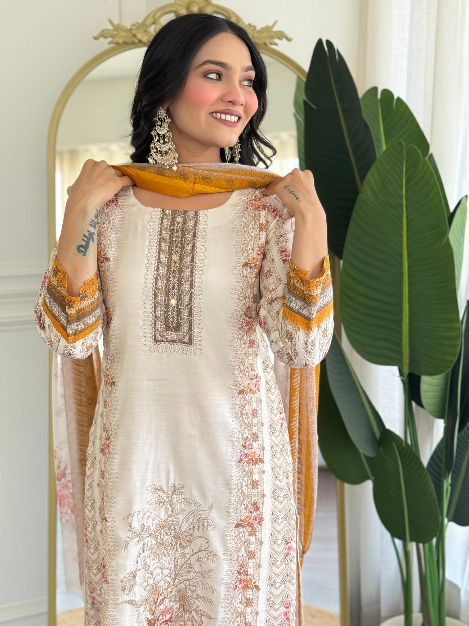 Off White Yellow Viscose Modal Salwar Suit