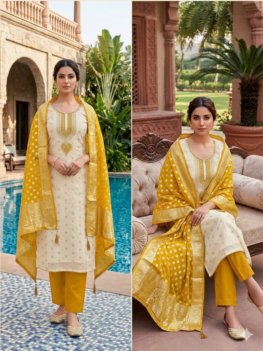 Off White Yellow Woven Butti Straight Pant Suit