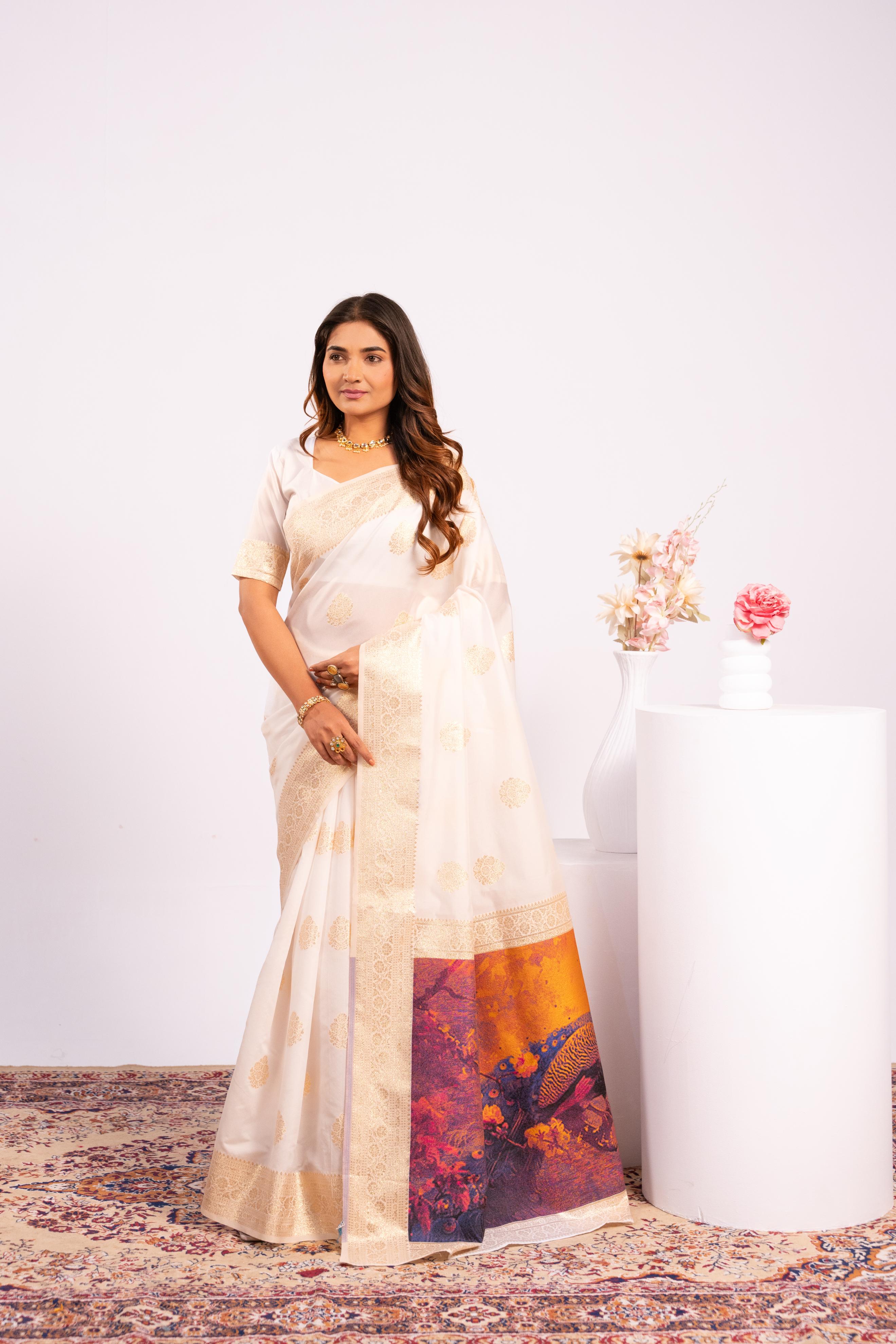 Off White Zari Resham Work Banarasi Silk Saree
