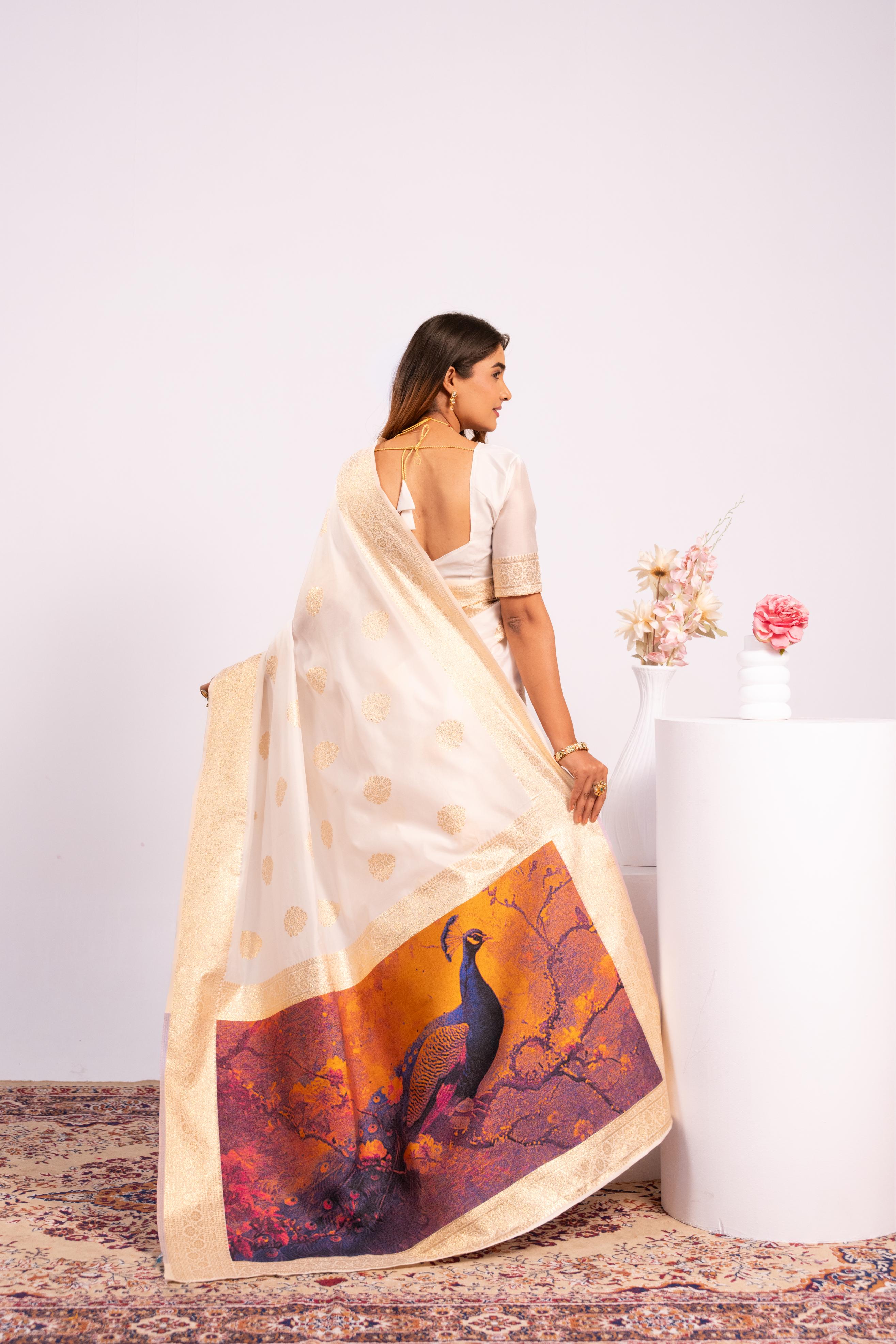 Off White Zari Resham Work Banarasi Silk Saree — alternate view