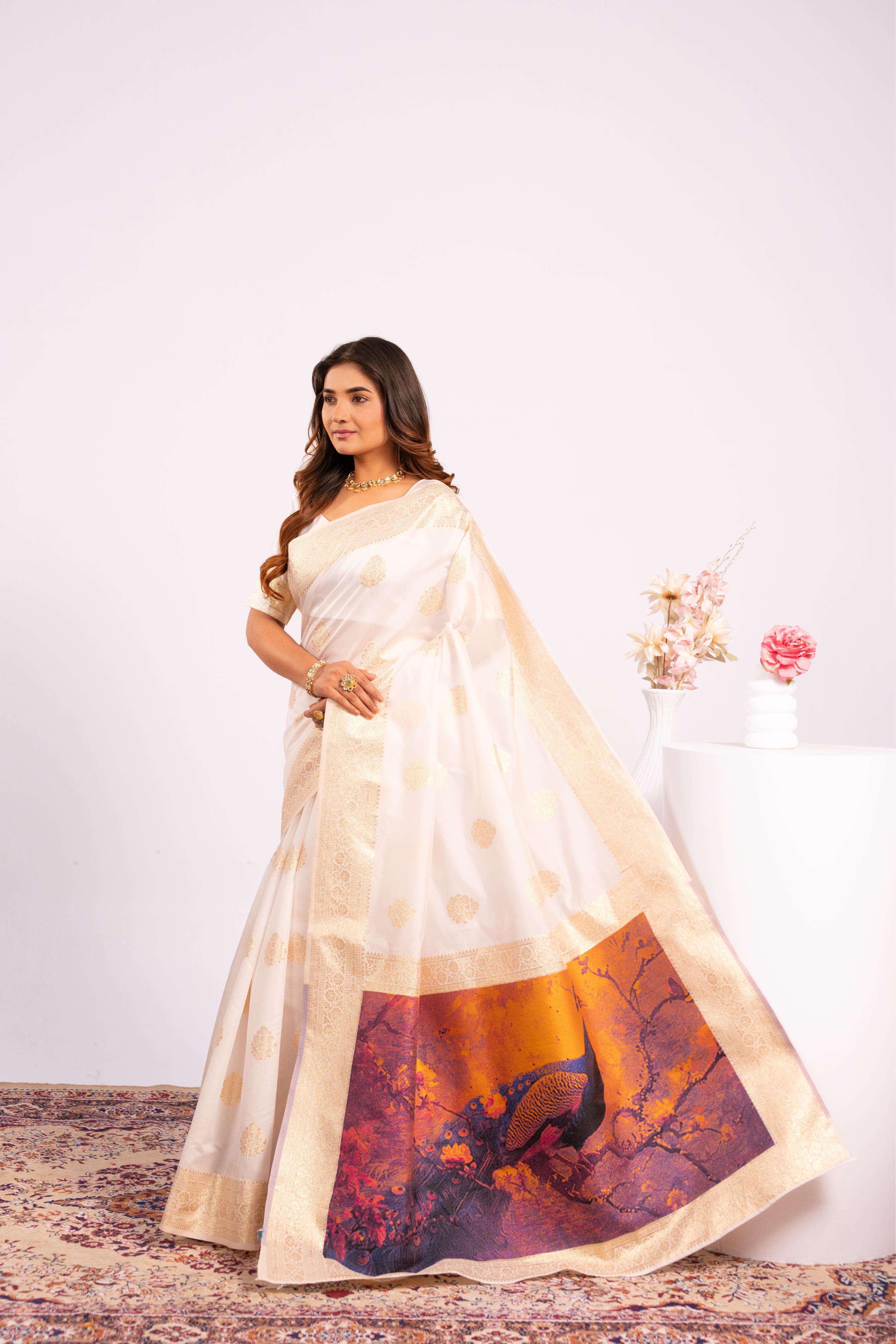Off White Zari Resham Work Banarasi Silk Saree