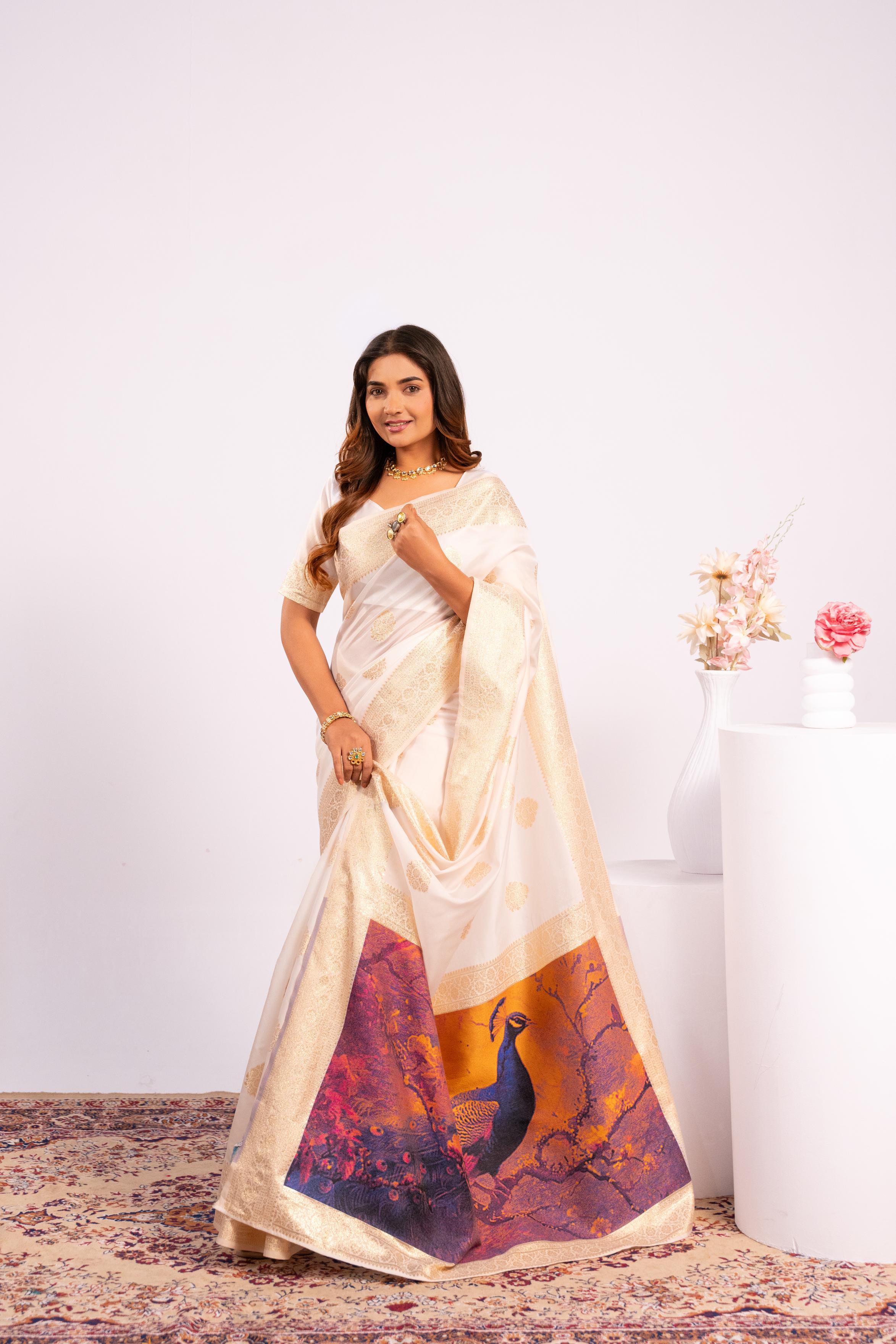 Off White Zari Resham Work Banarasi Silk Saree