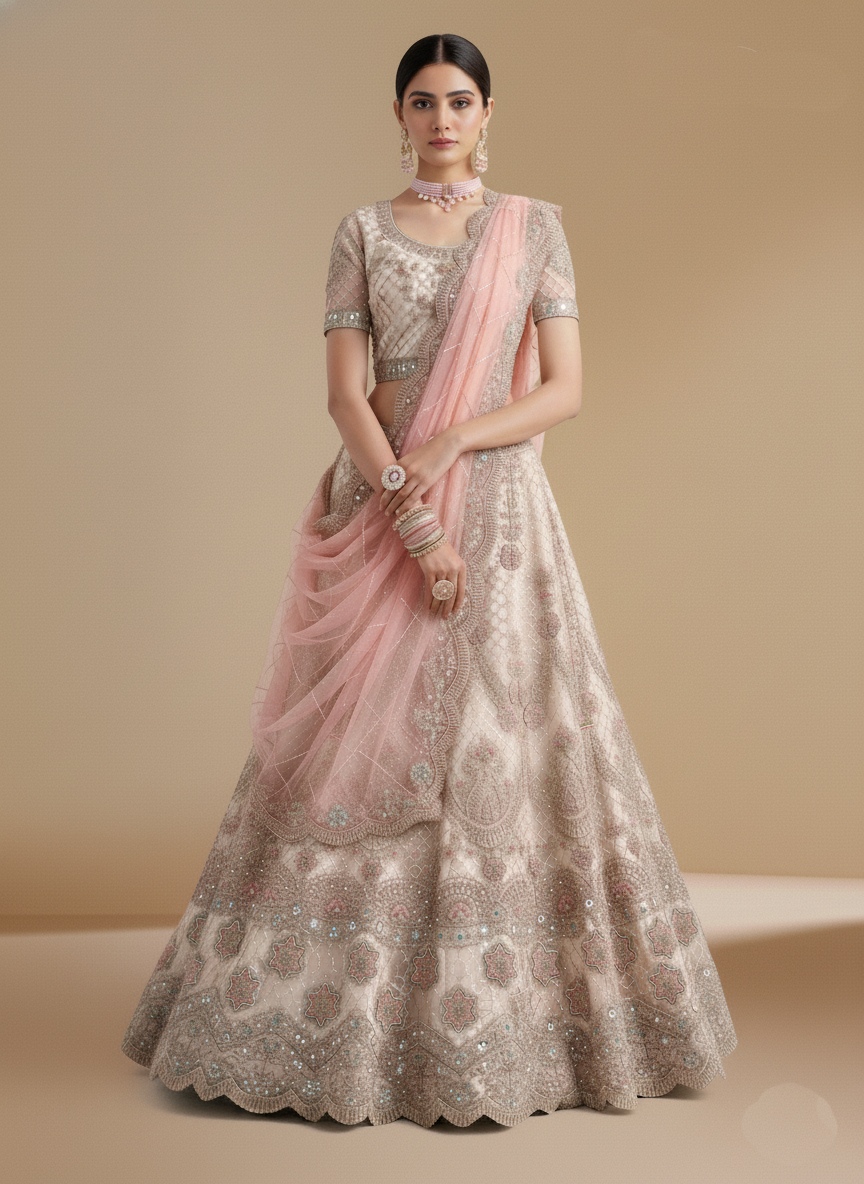Off White Zarkan Embroidered Net Lehenga