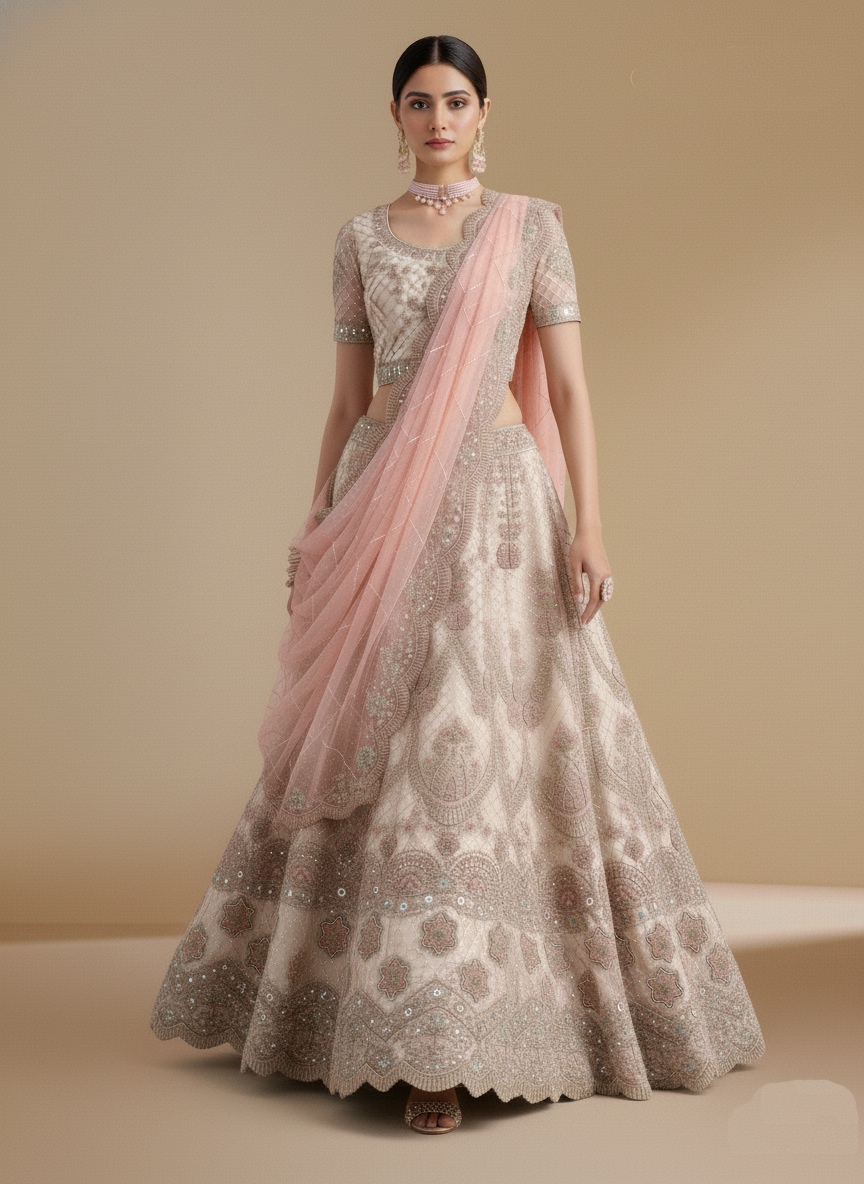 Off White Zarkan Embroidered Net Lehenga