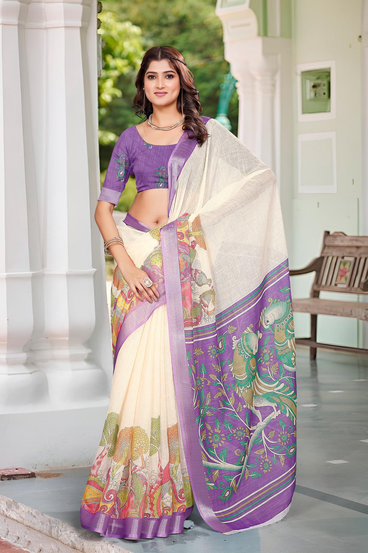 Off white Lavender Linen Cotton Saree