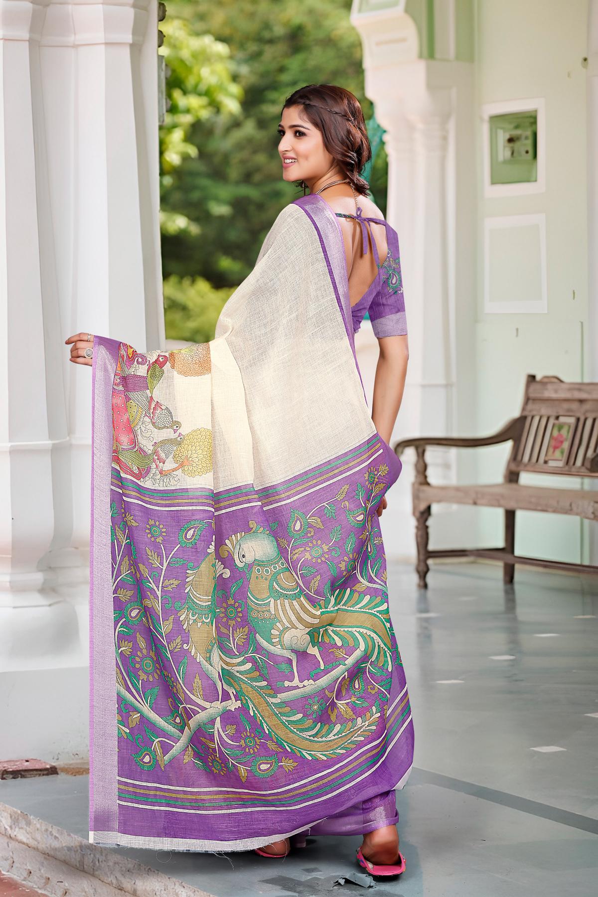 Off white Lavender Linen Cotton Saree — alternate view
