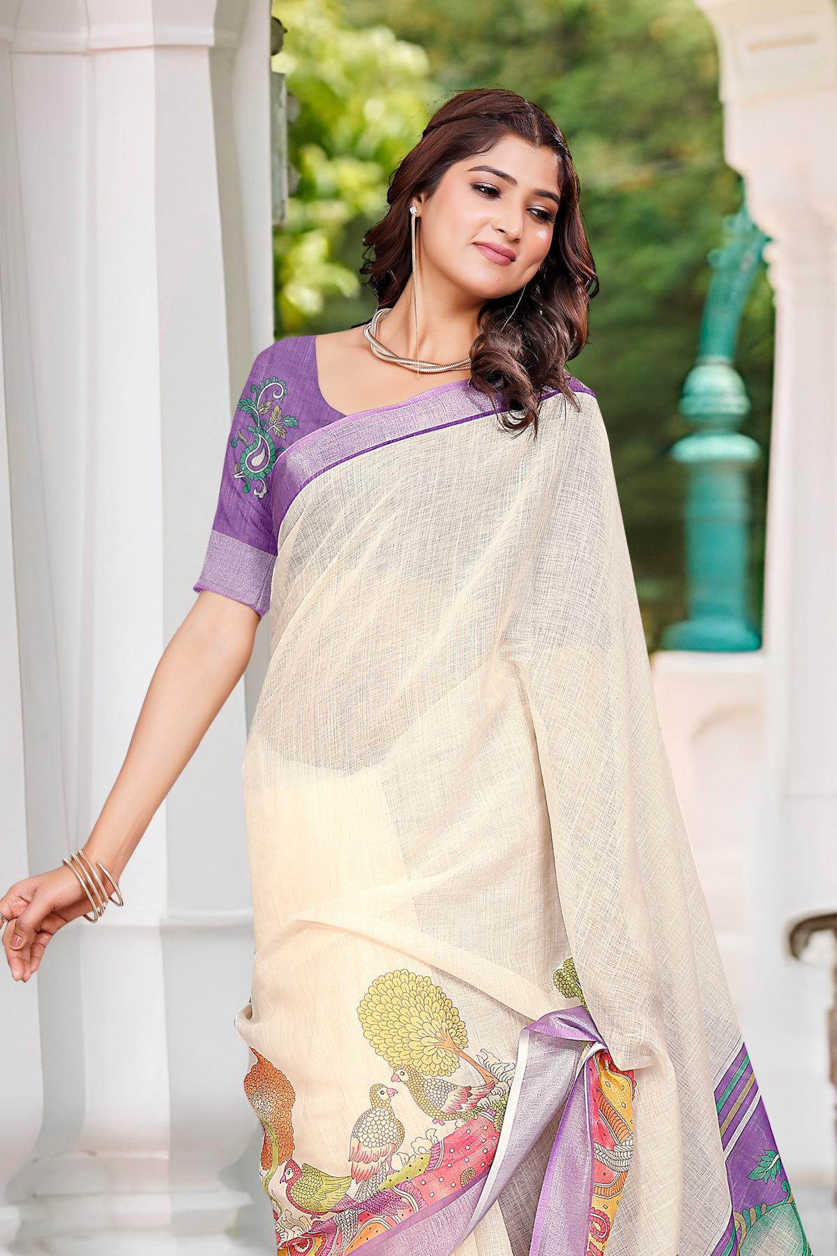 Off white Lavender Linen Cotton Saree