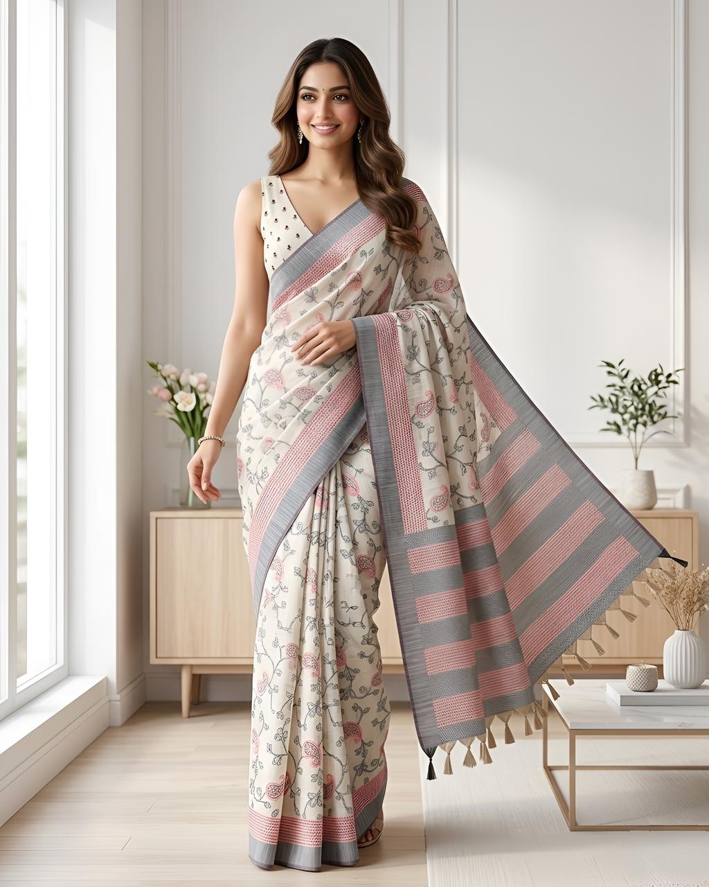 Offwhite N Grey Paisley Printed Cotton Saree