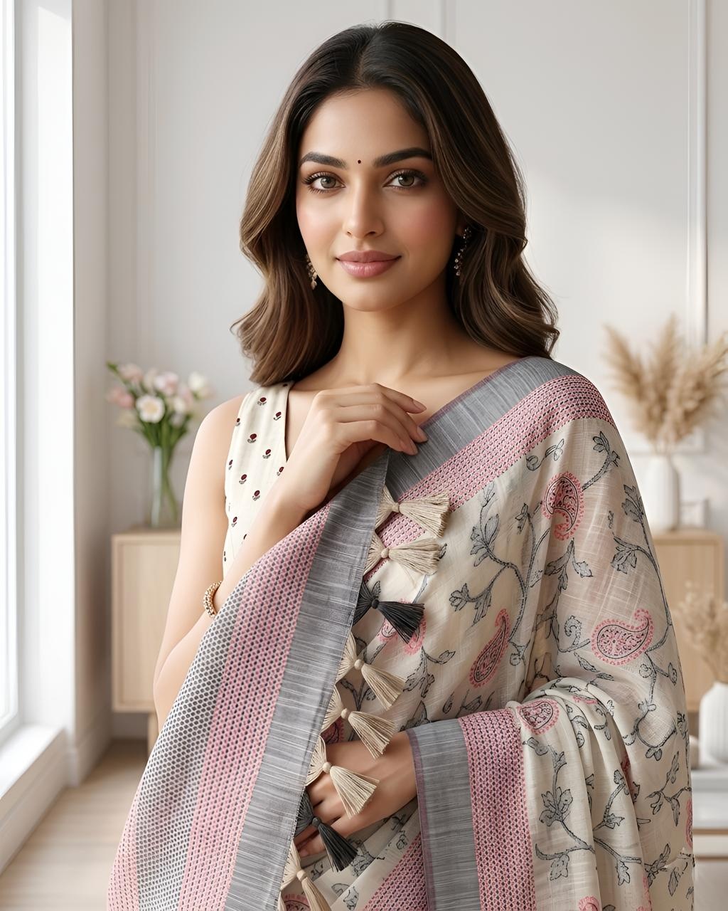 Offwhite N Grey Paisley Printed Cotton Saree — alternate view