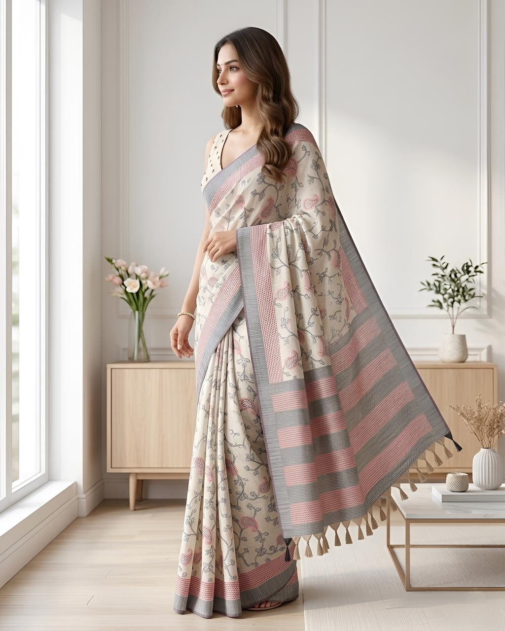 Offwhite N Grey Paisley Printed Cotton Saree