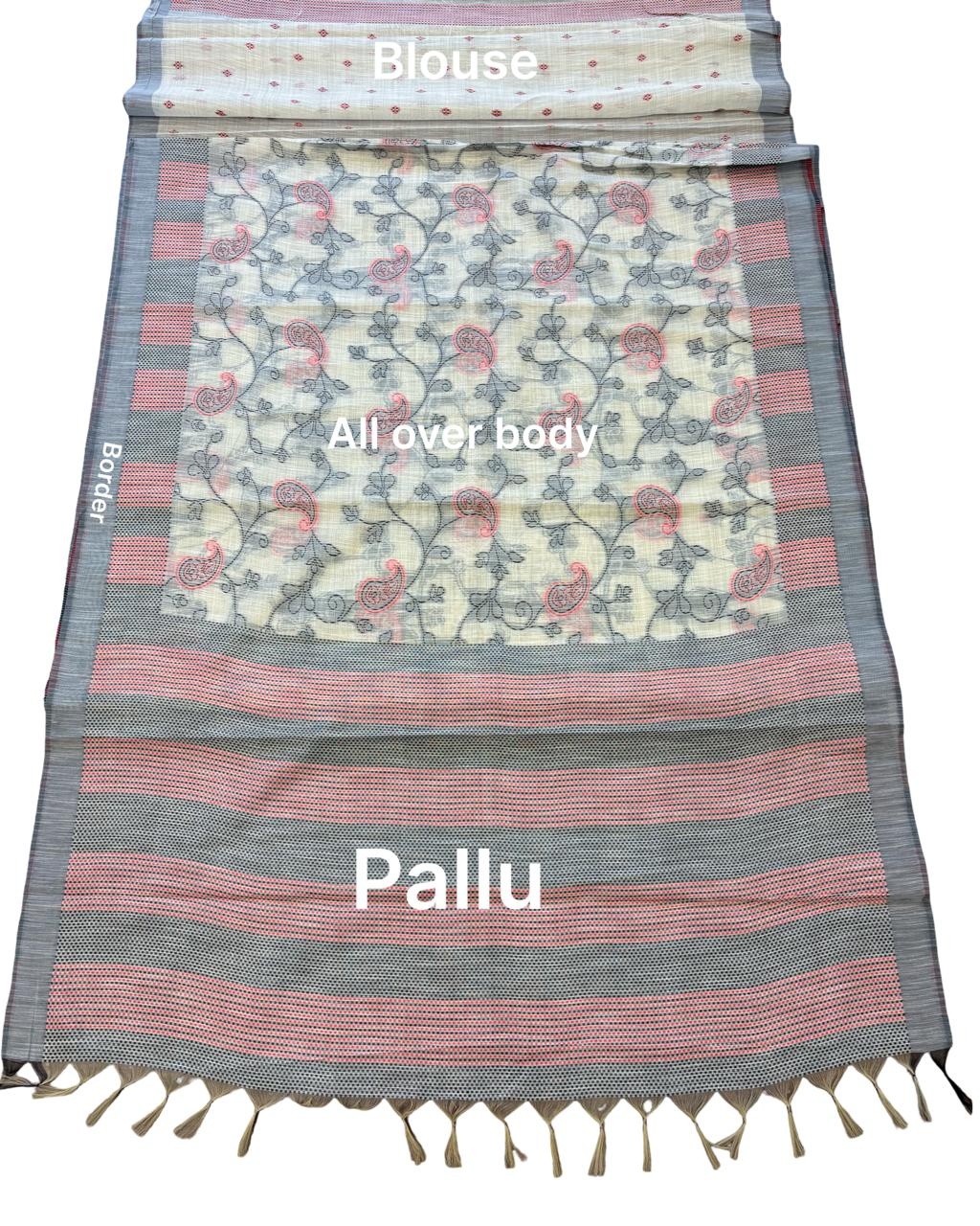 Offwhite N Grey Paisley Printed Cotton Saree