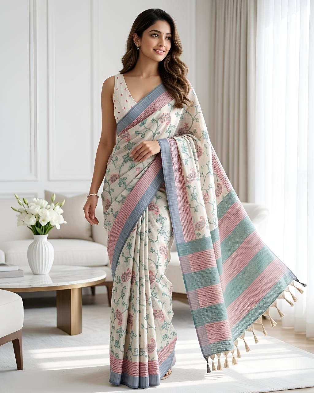 Offwhite N Mint Paisley Printed Cotton Saree