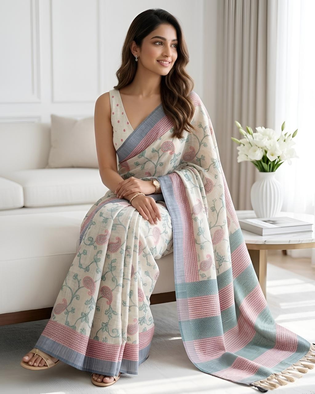 Offwhite N Mint Paisley Printed Cotton Saree — alternate view