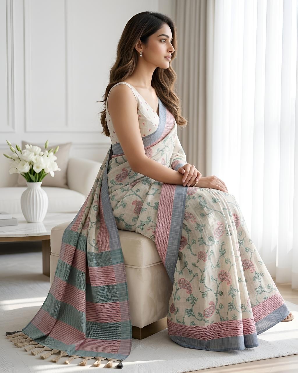 Offwhite N Mint Paisley Printed Cotton Saree